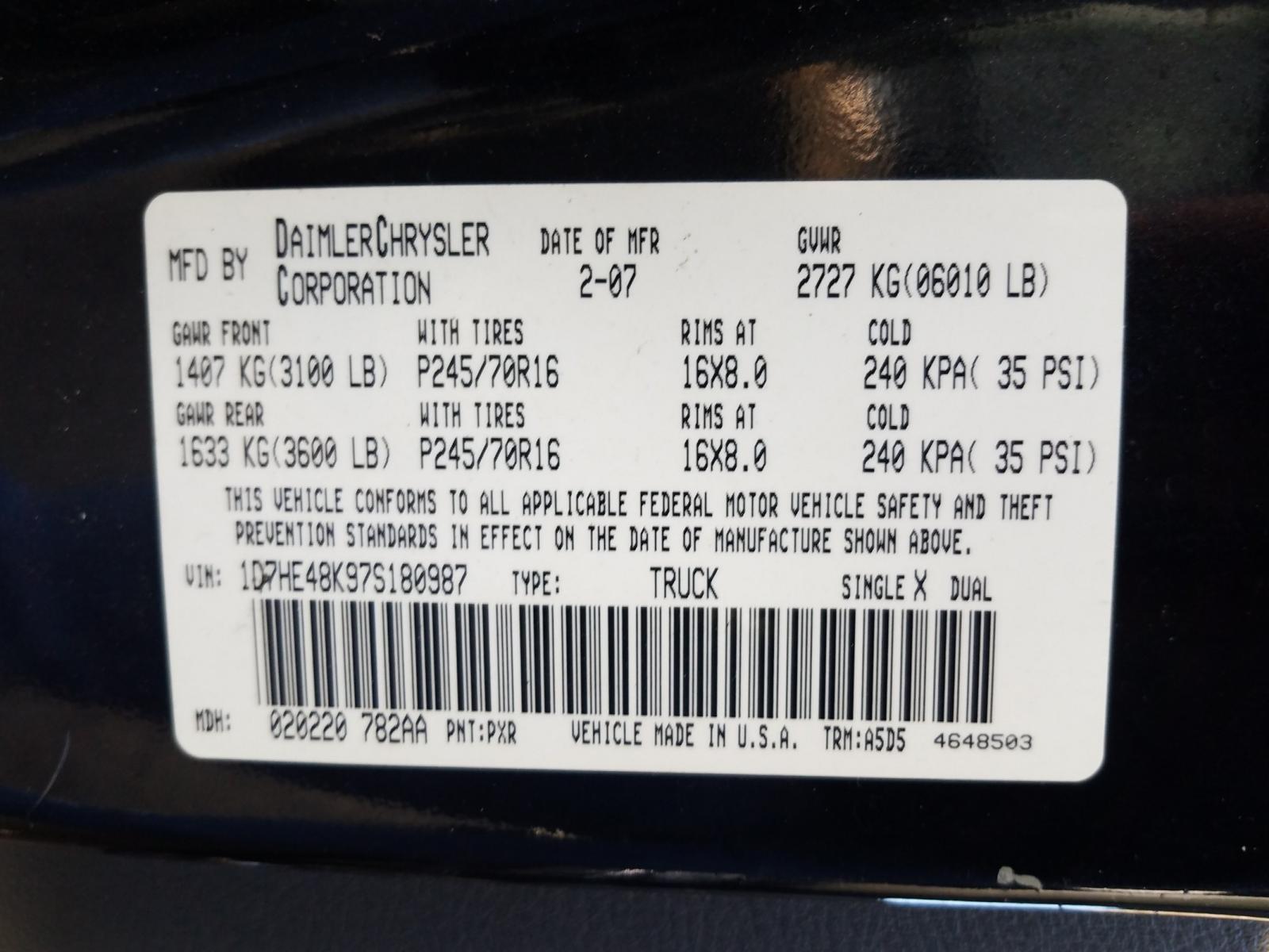 Photo 10 from auction – 2007 DODGE DAKOTA QUA with VIN 1D7HE48K97S180987