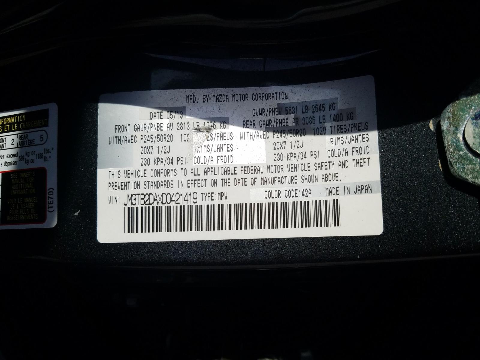 Photo 10 from auction – 2013 MAZDA CX-9 GRAND with VIN JM3TB2DAXD0421419