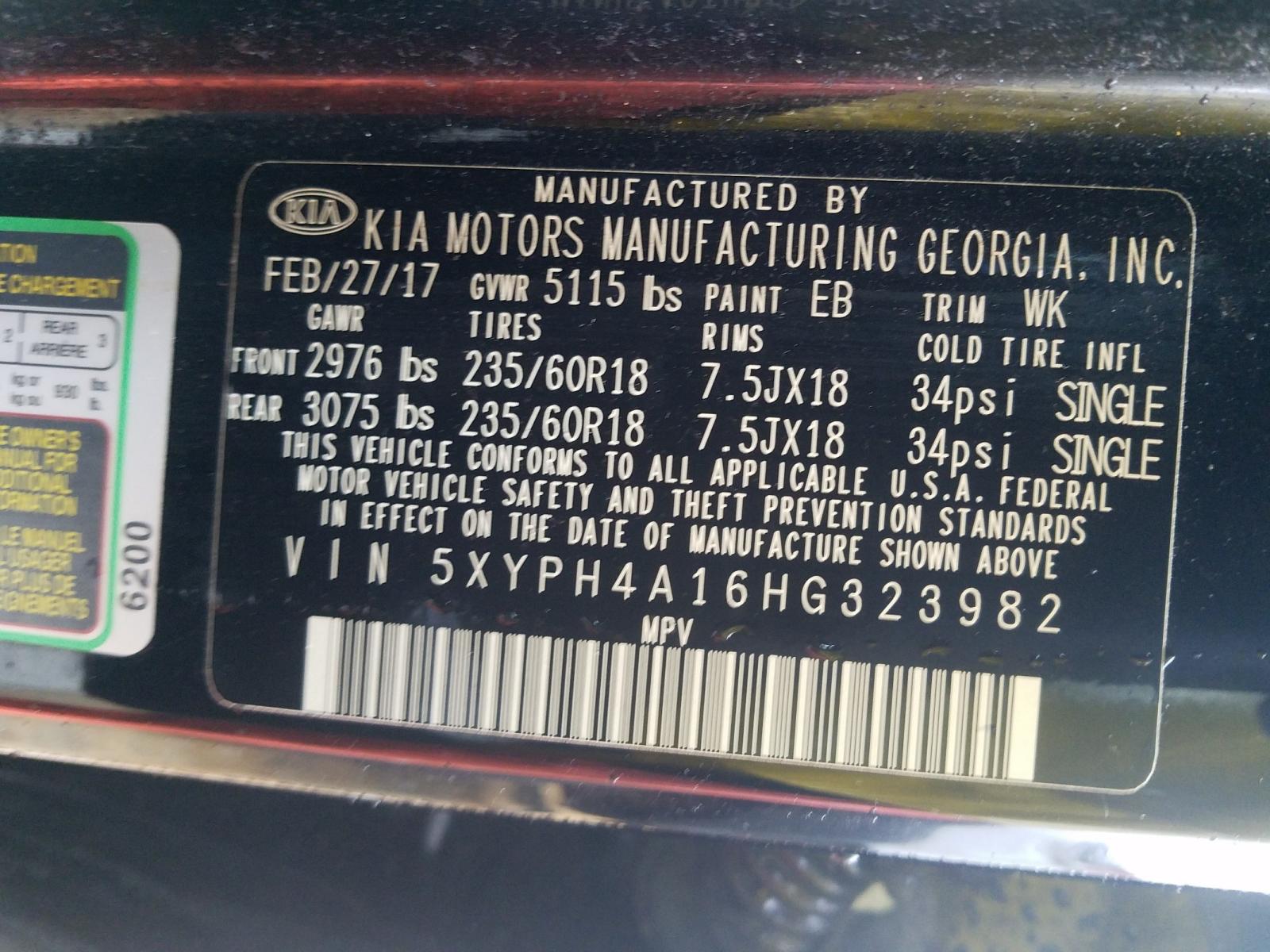 Photo 10 from auction – 2017 KIA SORENTO EX with VIN 5XYPH4A16HG323982