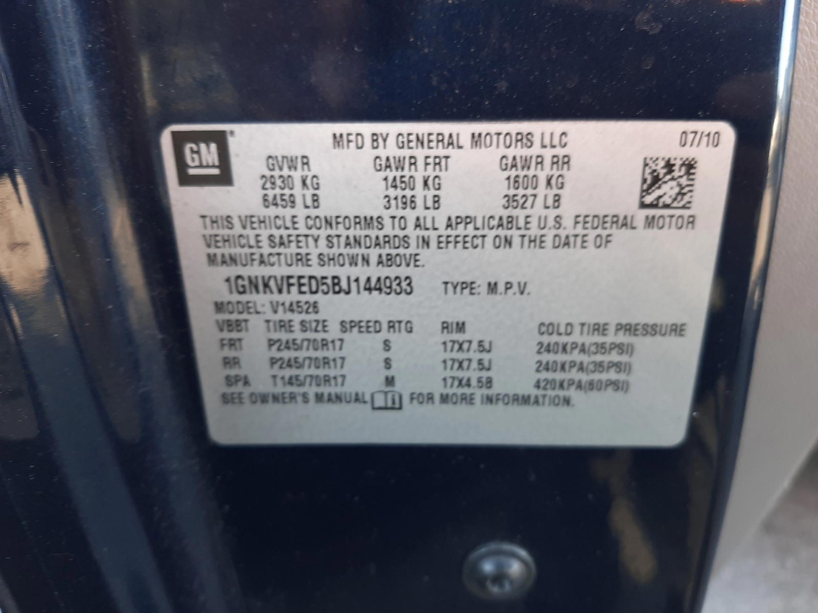 Photo 10 from auction – 2011 CHEVROLET TRAVERSE L with VIN 1GNKVFED5BJ144933