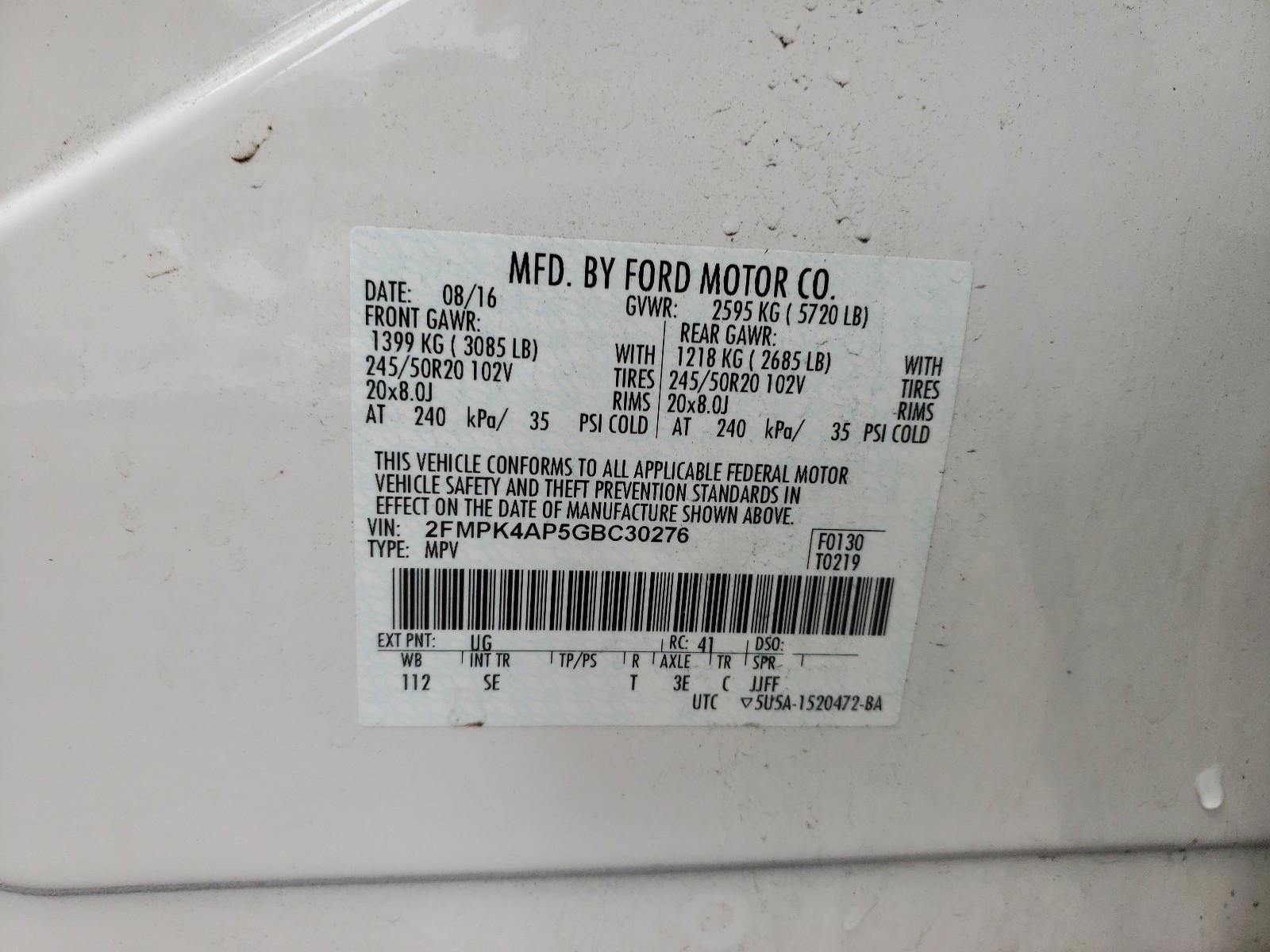 Photo 10 from auction – 2016 FORD EDGE SPORT with VIN 2FMPK4AP5GBC30276