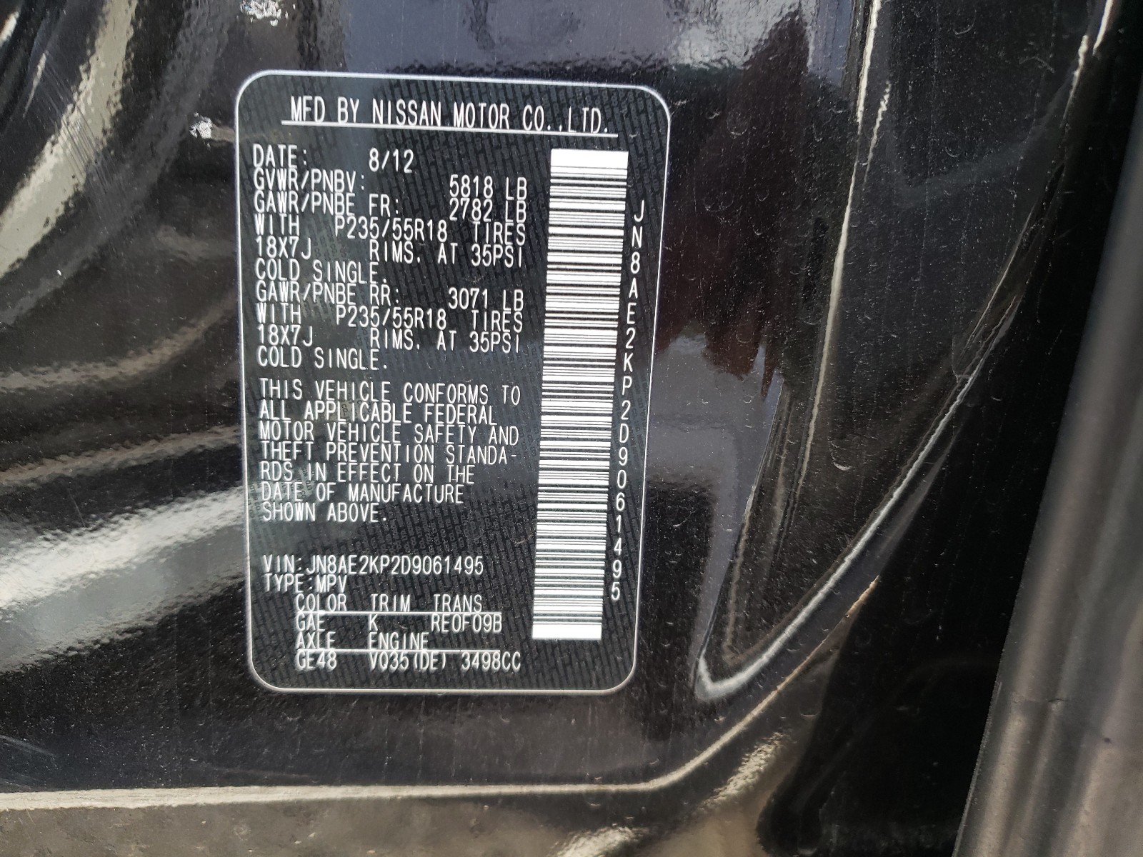 Photo 10 from auction – 2013 NISSAN QUEST S with VIN JN8AE2KP2D9061495