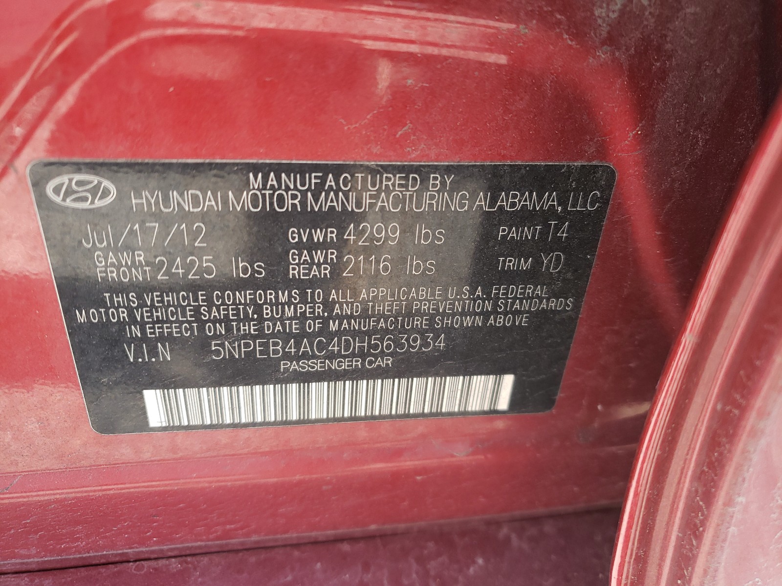 Photo 10 from auction – 2013 HYUNDAI SONATA GLS with VIN 5NPEB4AC4DH563934