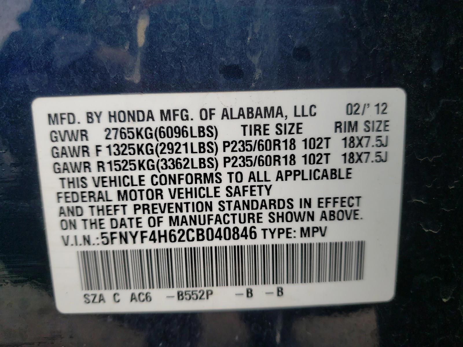 Photo 10 from auction – 2012 HONDA PILOT EXL with VIN 5FNYF4H62CB040846
