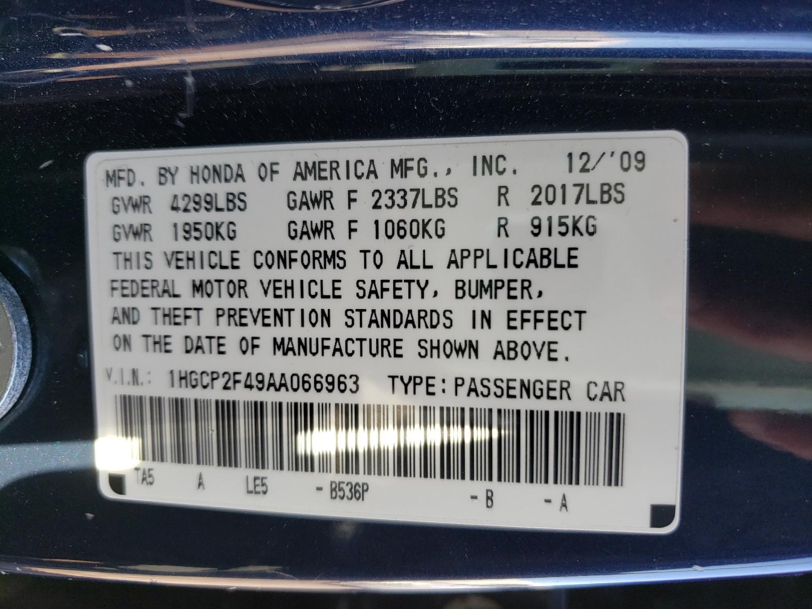 Photo 10 from auction – 2010 HONDA ACCORD LXP with VIN 1HGCP2F49AA066963