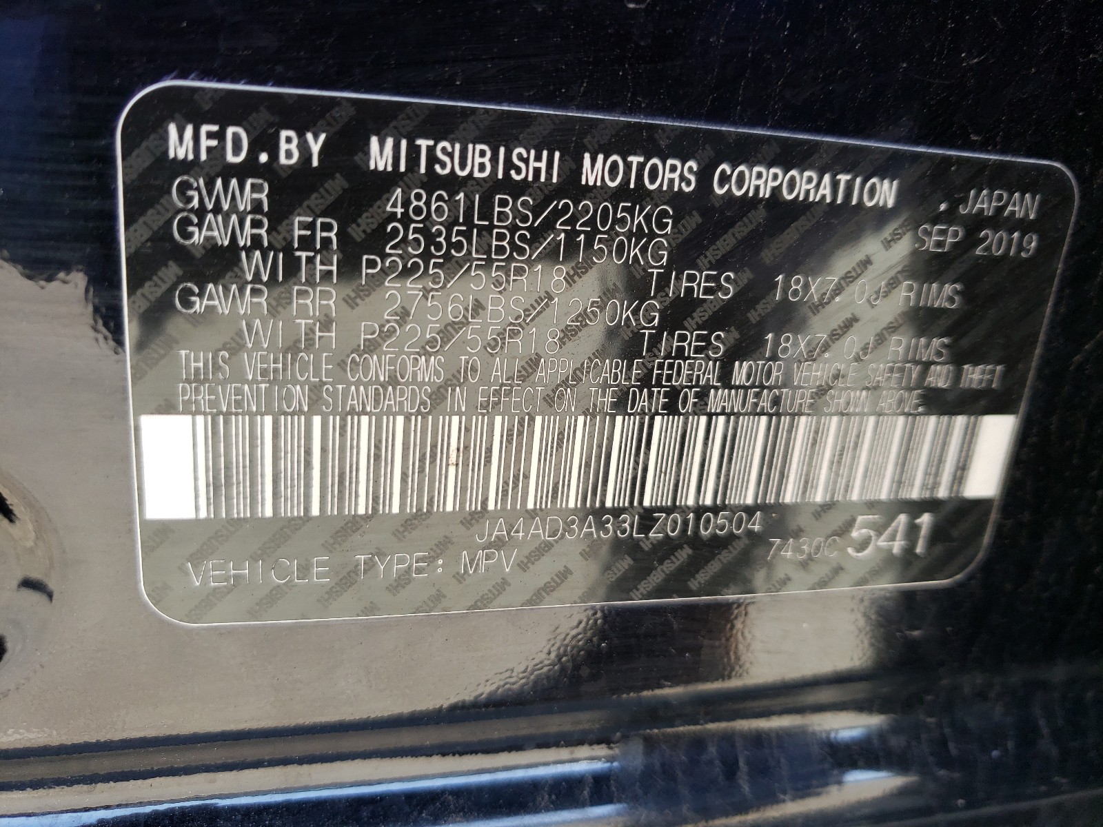 Photo 20 from auction – 2020 MITSUBISHI OUTLANDER with VIN JA4AD3A33LZ010504