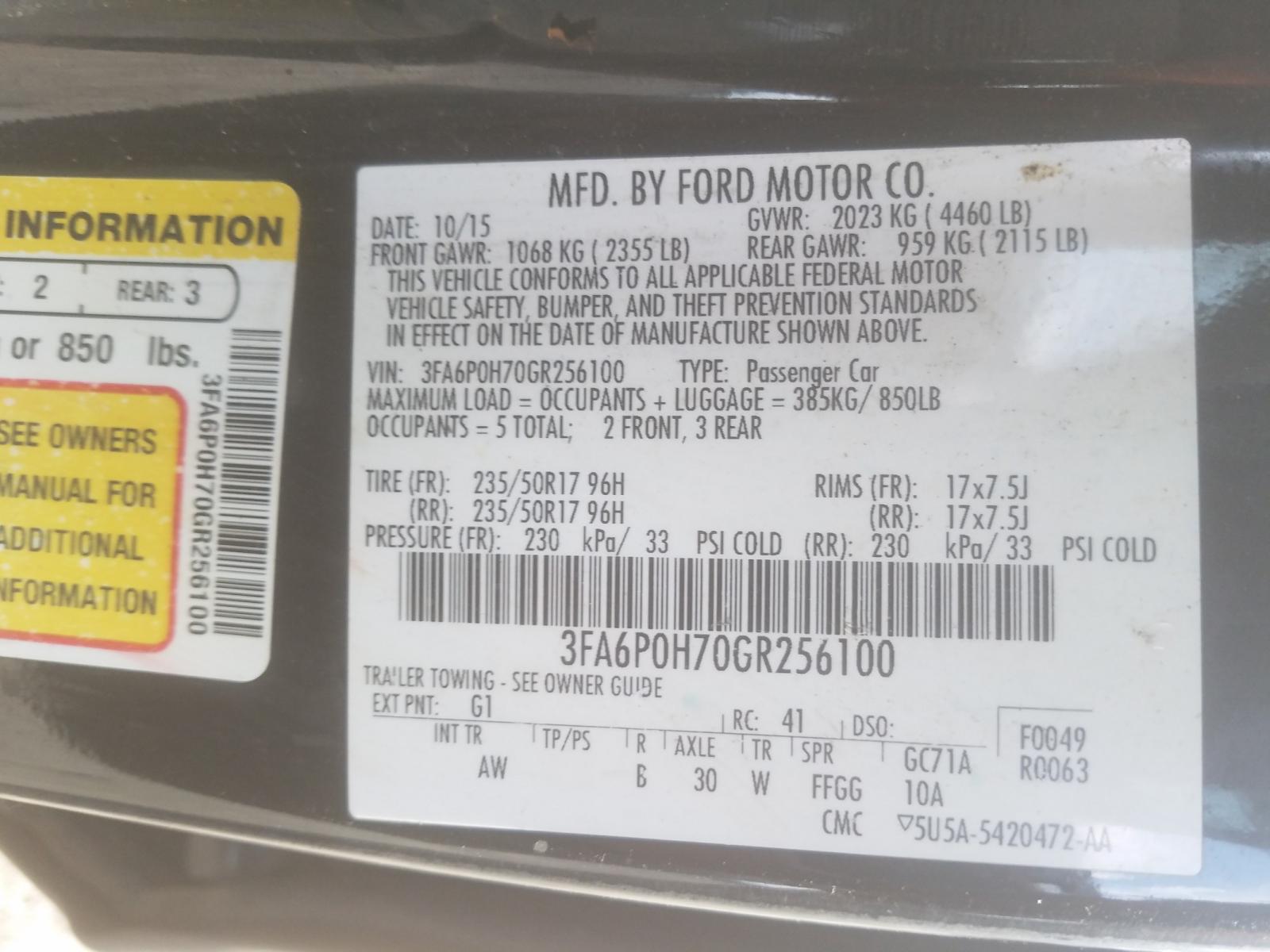 Photo 10 from auction – 2016 FORD FUSION SE with VIN 3FA6P0H70GR256100