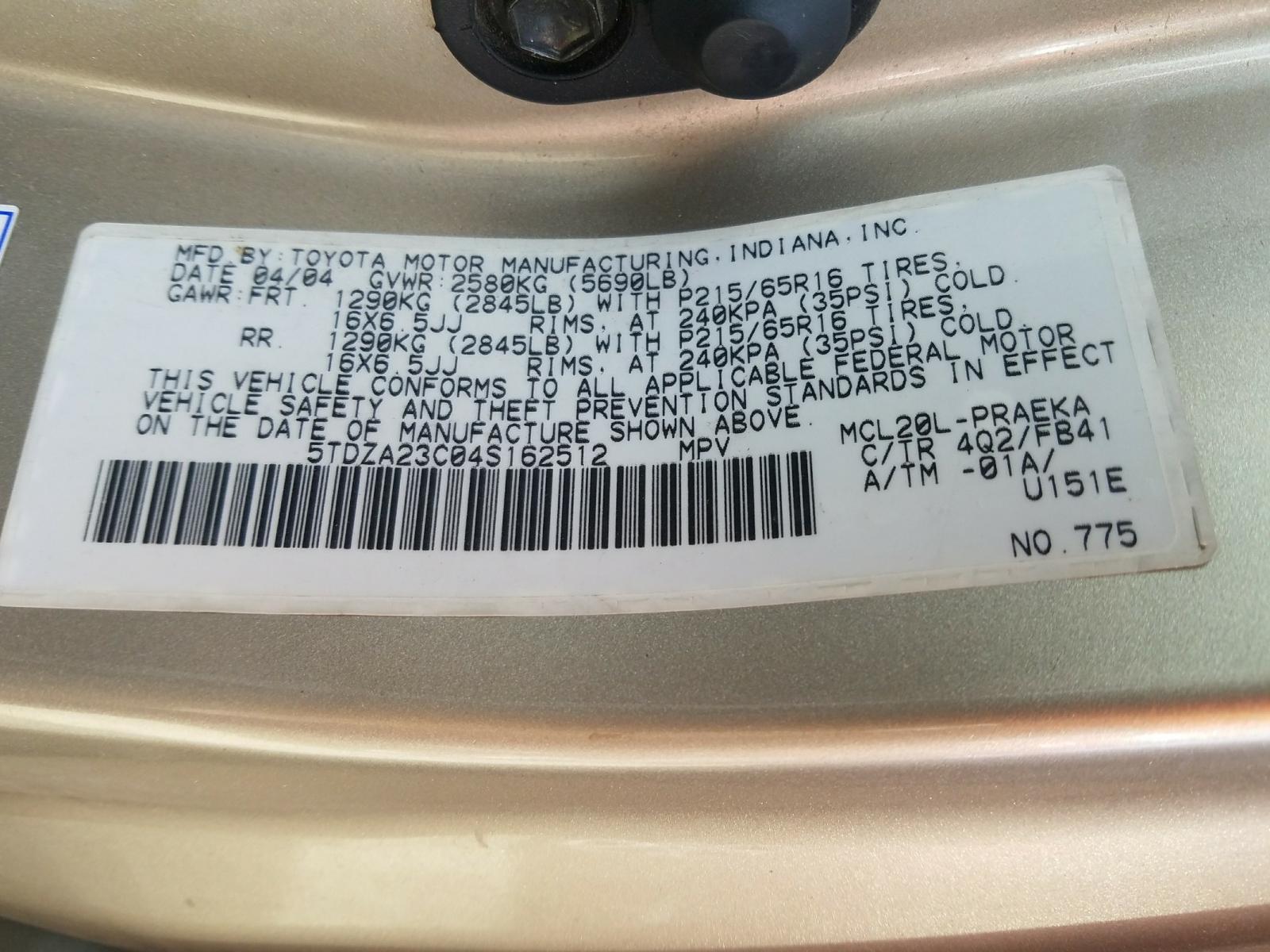 Photo 10 from auction – 2004 TOYOTA SIENNA CE with VIN 5TDZA23C04S162512