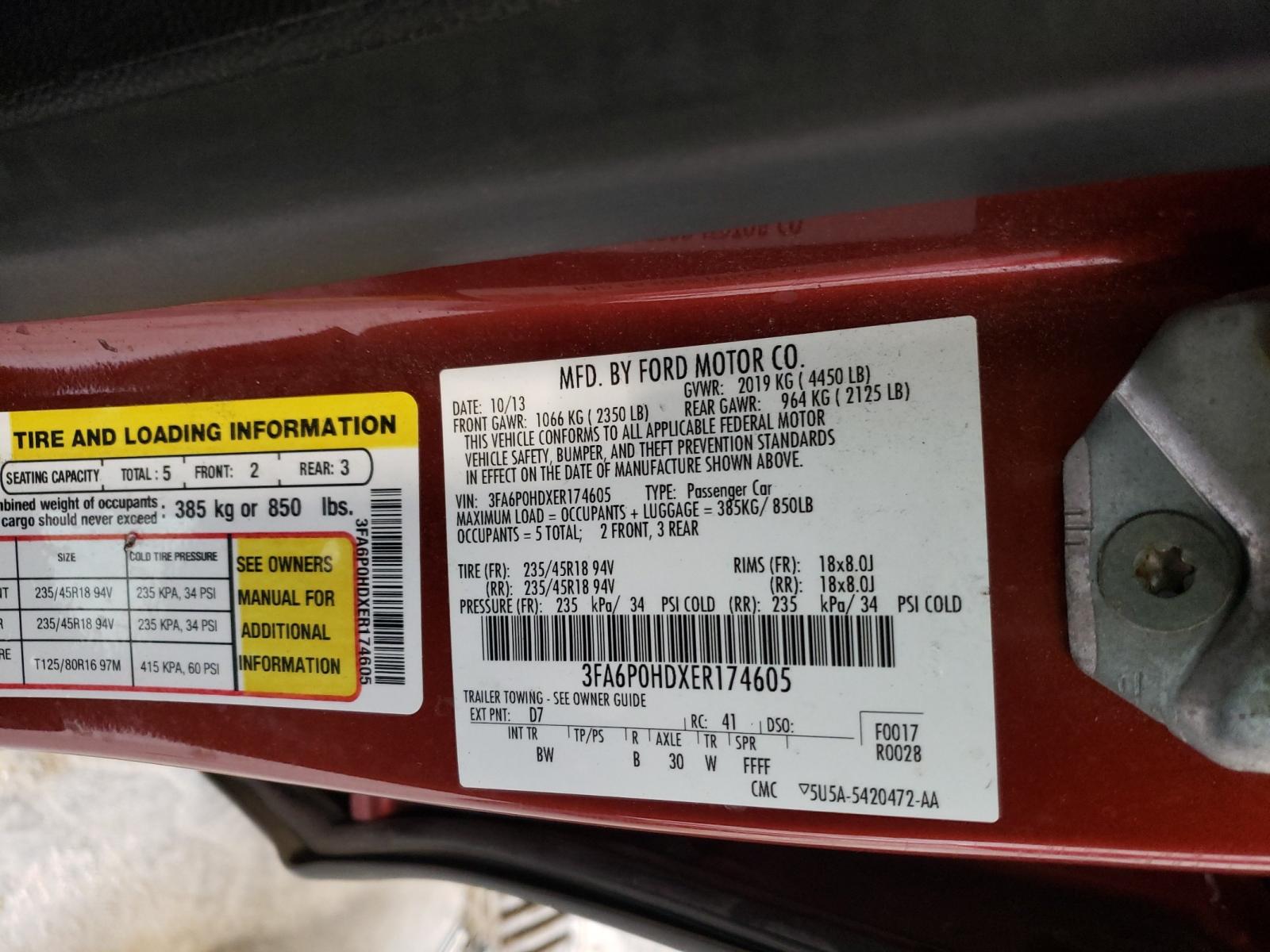 Photo 10 from auction – 2014 FORD FUSION SE with VIN 3FA6P0HDXER174605