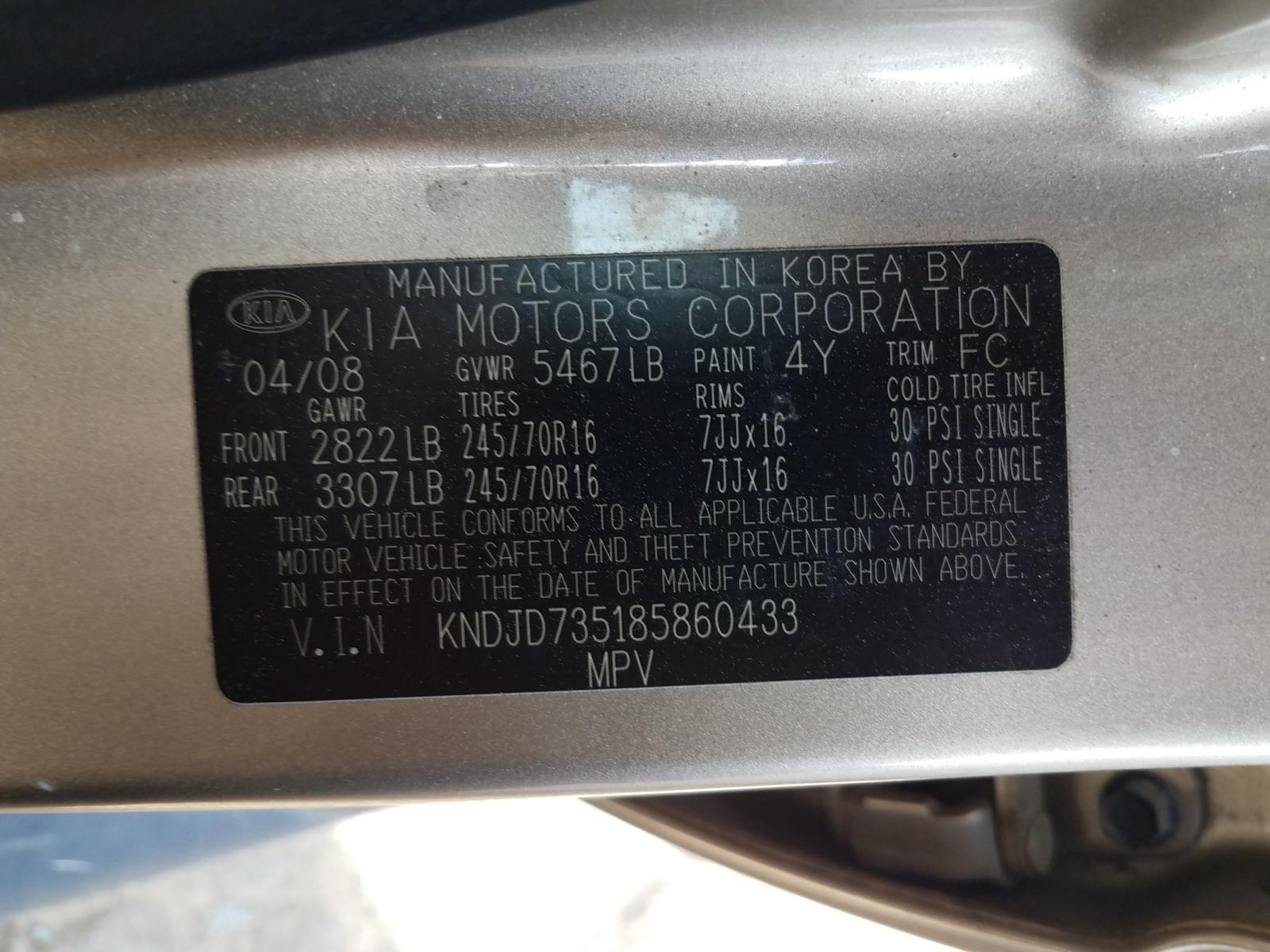 Photo 10 from auction – 2008 KIA SORENTO EX with VIN KNDJD735185860433