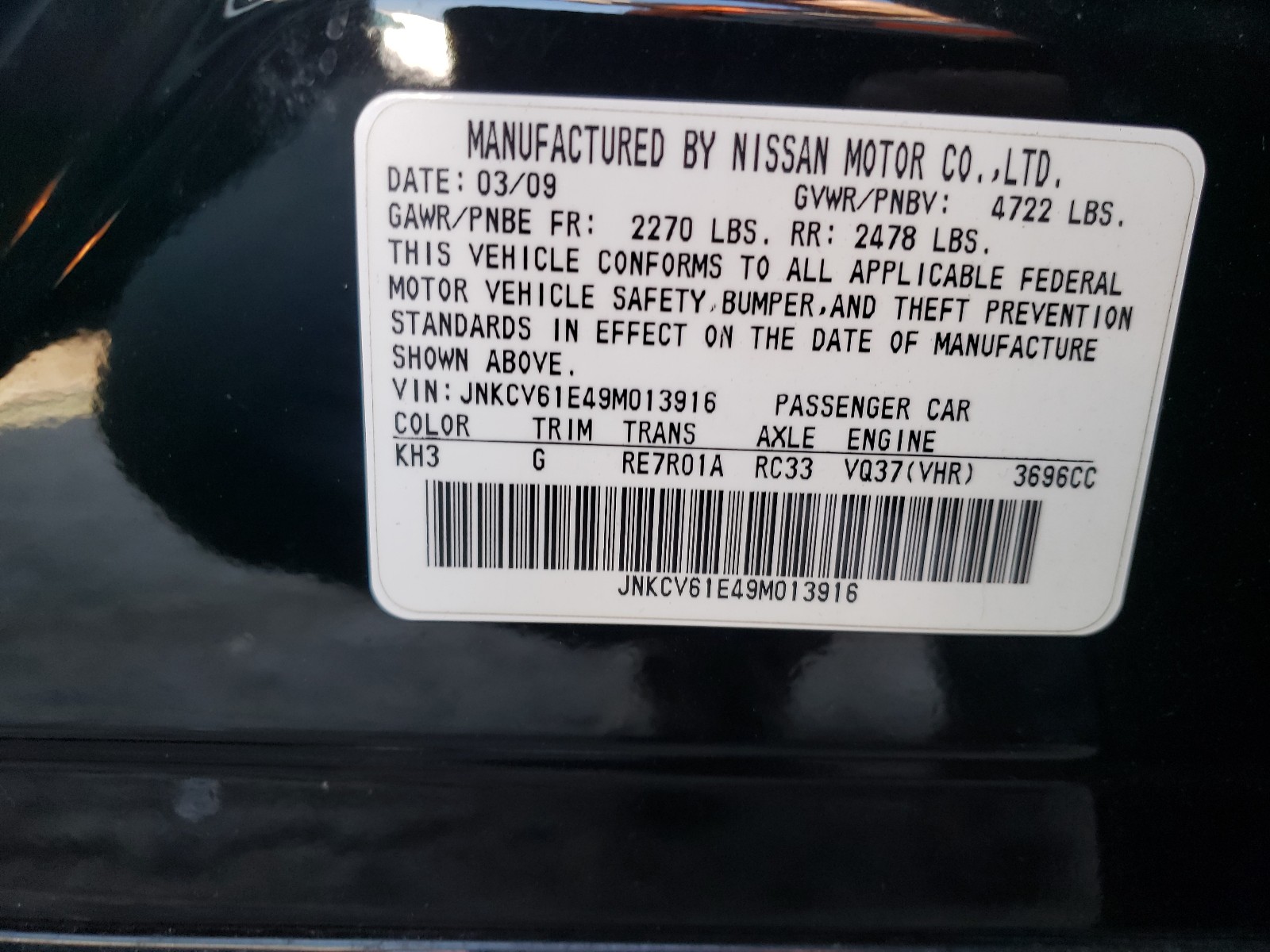 Photo 10 from auction – 2009 INFINITI G37 BASE with VIN JNKCV61E49M013916