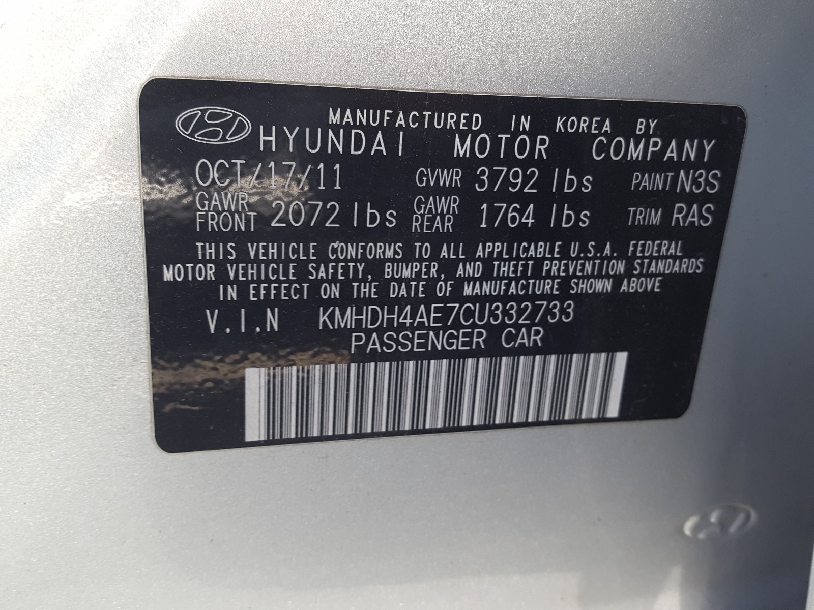 Photo 10 from auction – 2012 HYUNDAI ELANTRA GL with VIN KMHDH4AE7CU332733