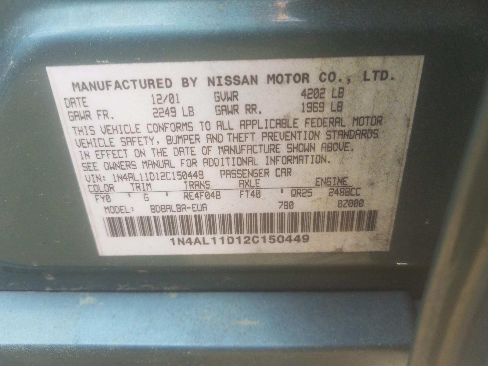 Photo 10 from auction – 2002 NISSAN ALTIMA BAS with VIN 1N4AL11D12C150449