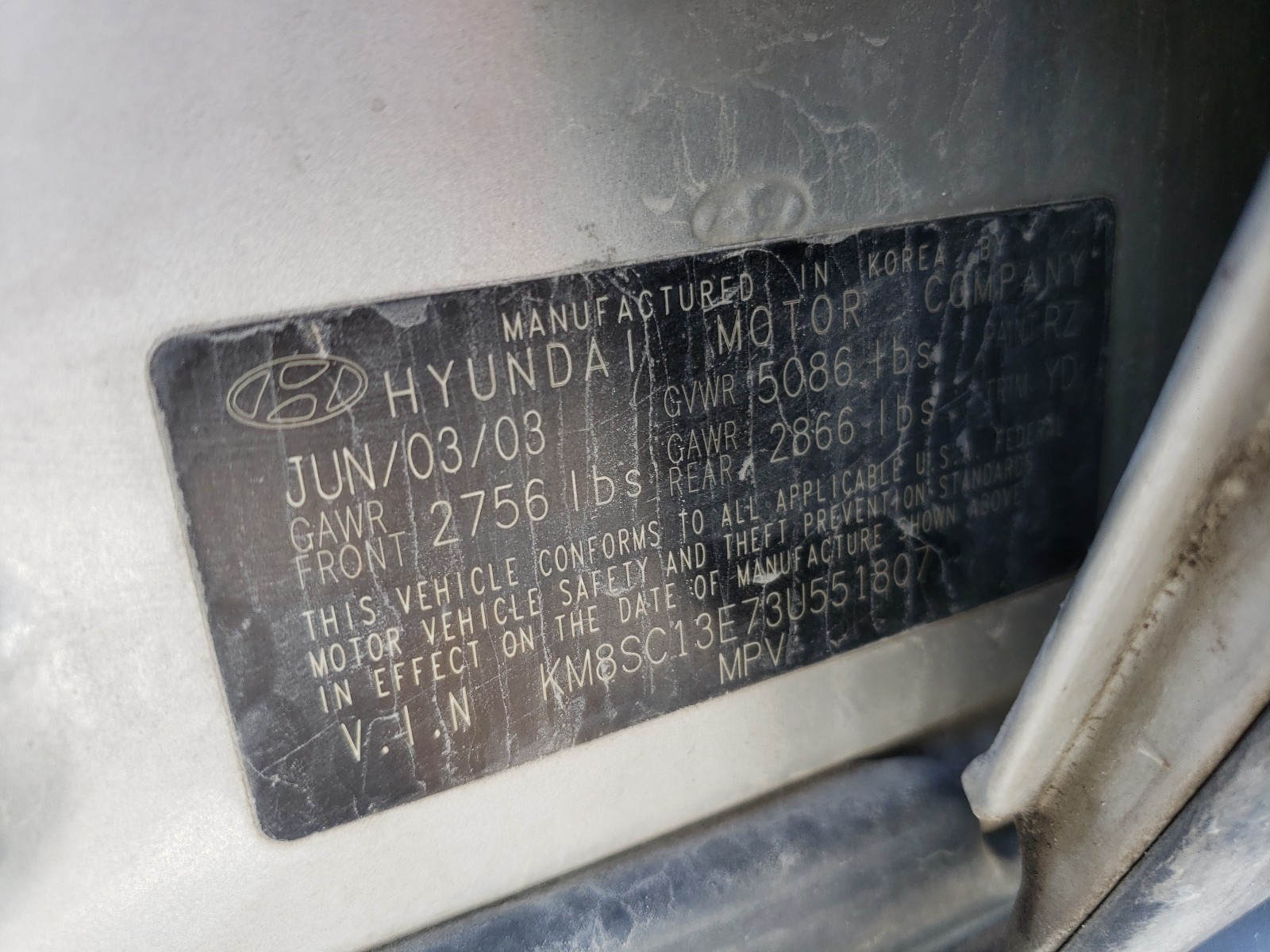 Photo 10 from auction – 2003 HYUNDAI SANTA FE G with VIN KM8SC13E73U551807