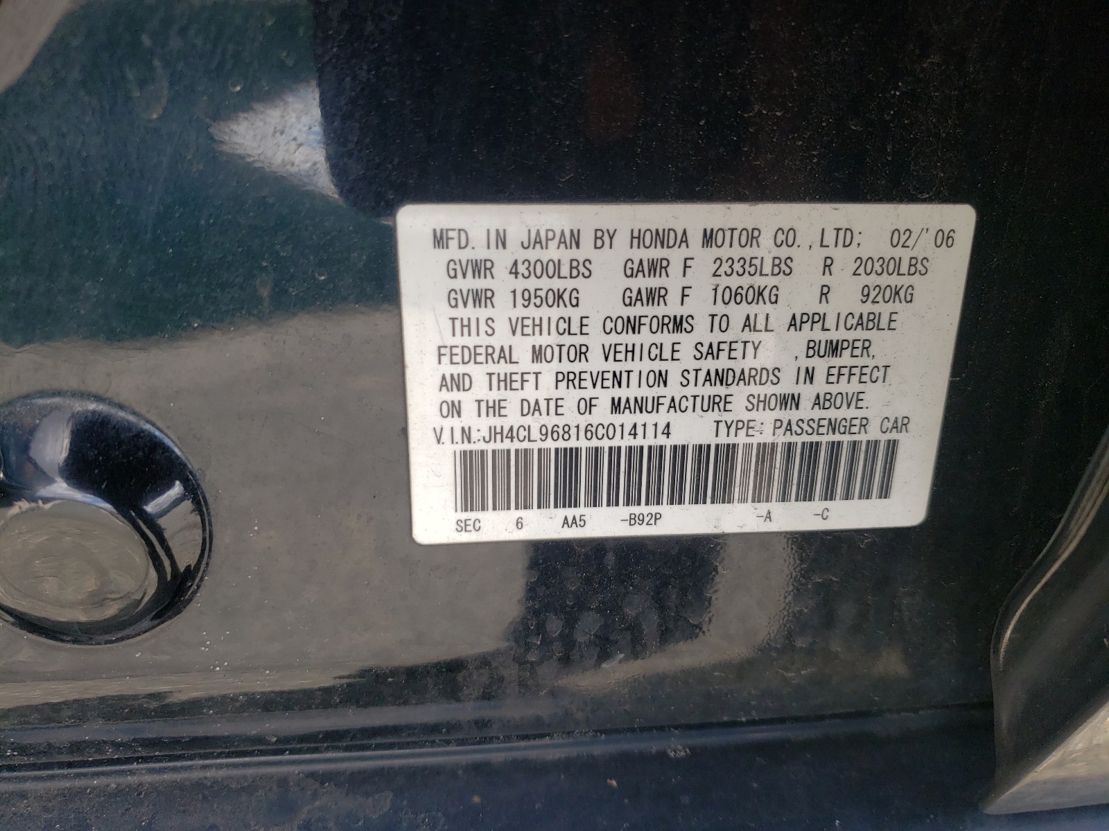 Photo 10 from auction – 2006 ACURA TSX with VIN JH4CL96816C014114