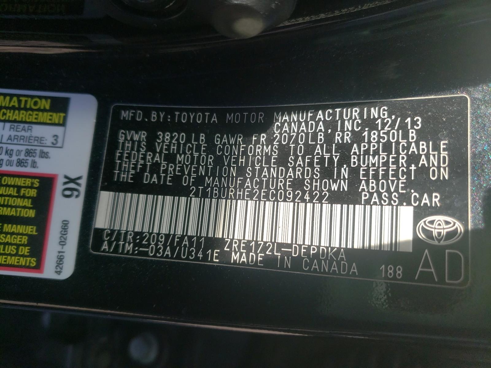 Photo 10 from auction – 2014 TOYOTA COROLLA L with VIN 2T1BURHE2EC092422