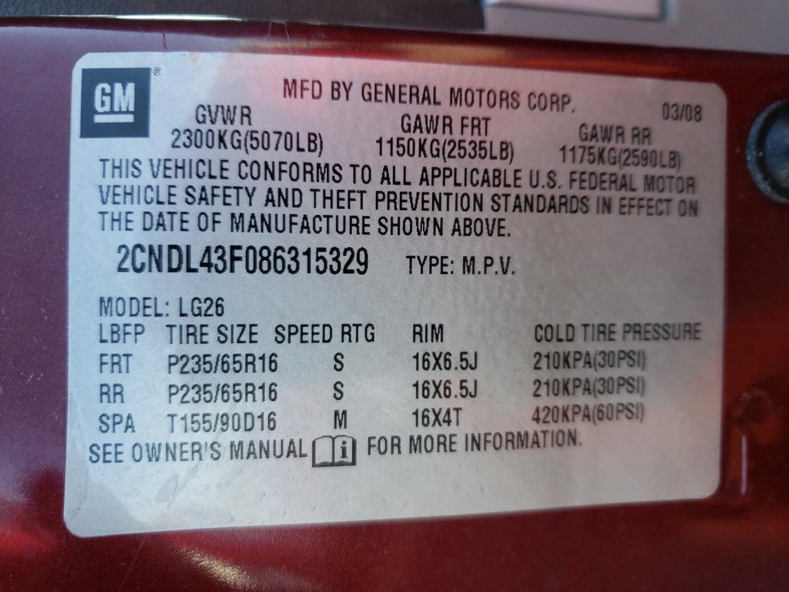 Photo 10 from auction – 2008 CHEVROLET EQUINOX LT with VIN 2CNDL43F086315329