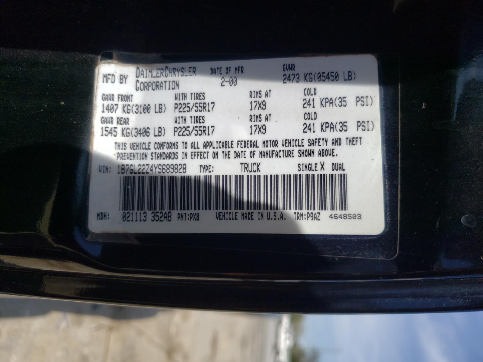 Photo 10 from auction – 2000 DODGE DAKOTA with VIN 1B7GL22Z4YS689828
