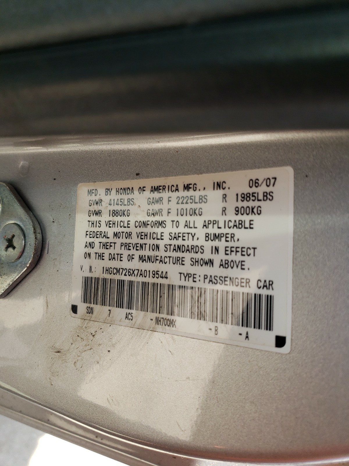 Photo 10 from auction – 2007 HONDA ACCORD EX with VIN 1HGCM726X7A019544