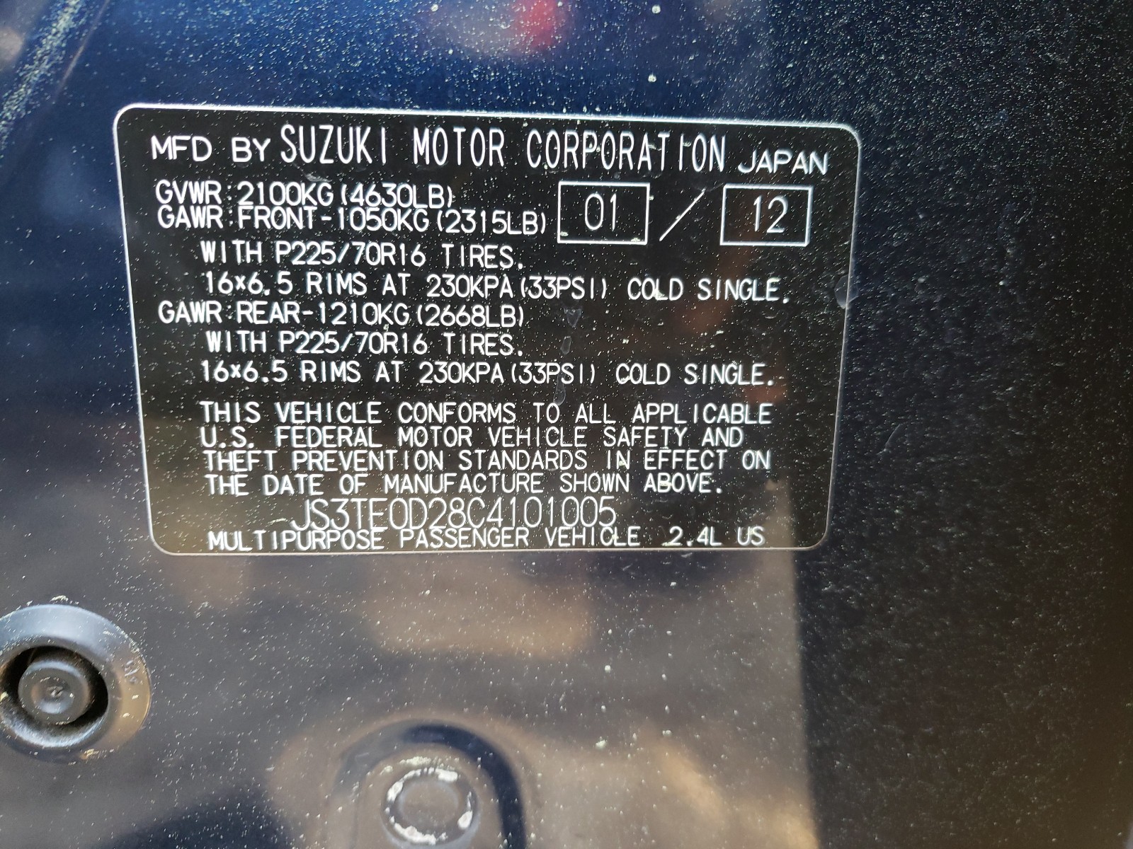 Photo 10 from auction – 2012 SUZUKI GRAND VITA with VIN JS3TE0D28C4101005