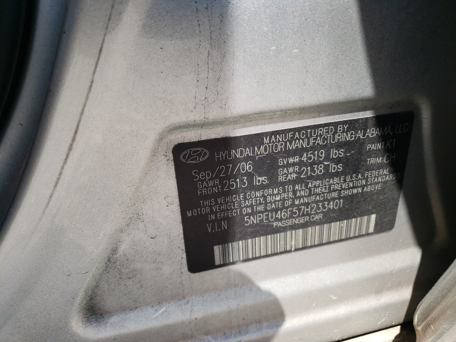 Photo 10 from auction – 2007 HYUNDAI SONATA SE with VIN 5NPEU46F57H233401