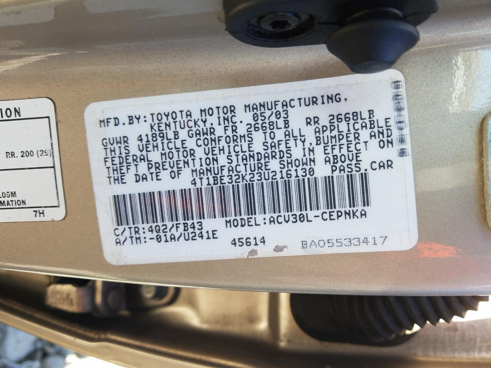 Photo 10 from auction – 2003 TOYOTA CAMRY with VIN 4T1BE32K23U216130