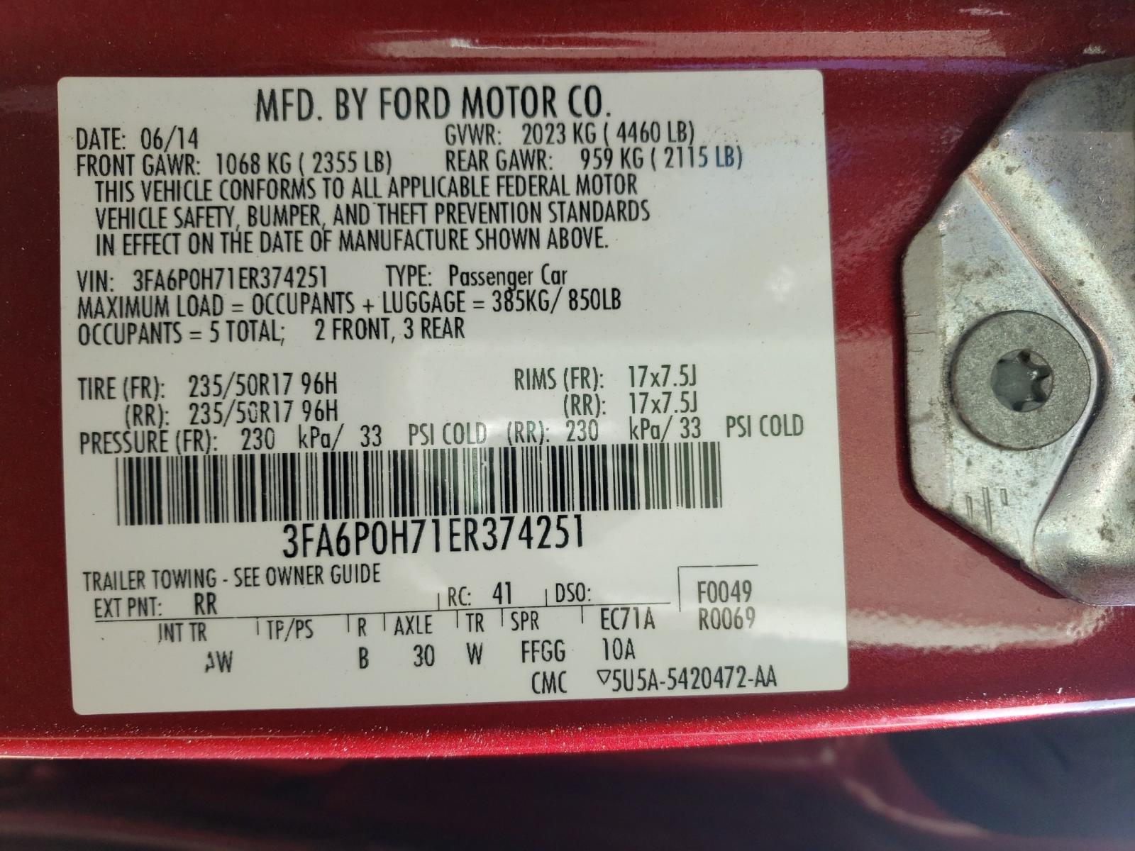 Photo 10 from auction – 2014 FORD FUSION SE with VIN 3FA6P0H71ER374251