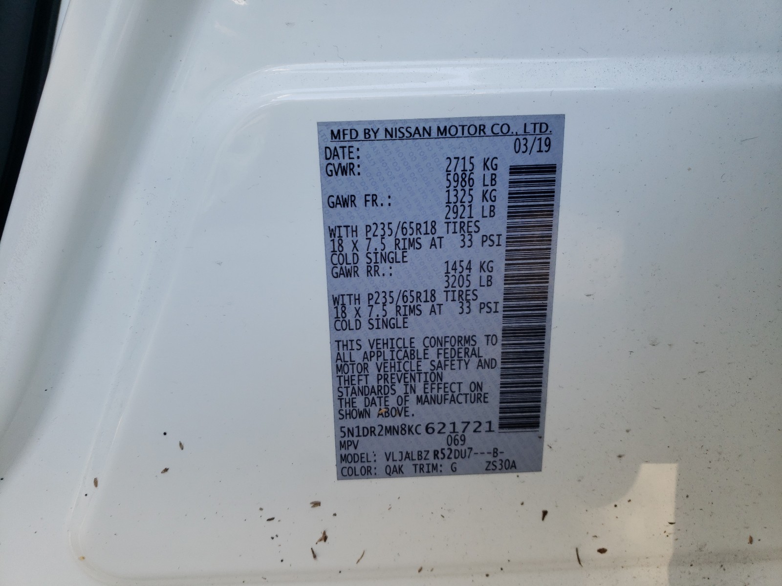 Photo 10 from auction – 2019 NISSAN PATHFINDER with VIN 5N1DR2MN8KC621721