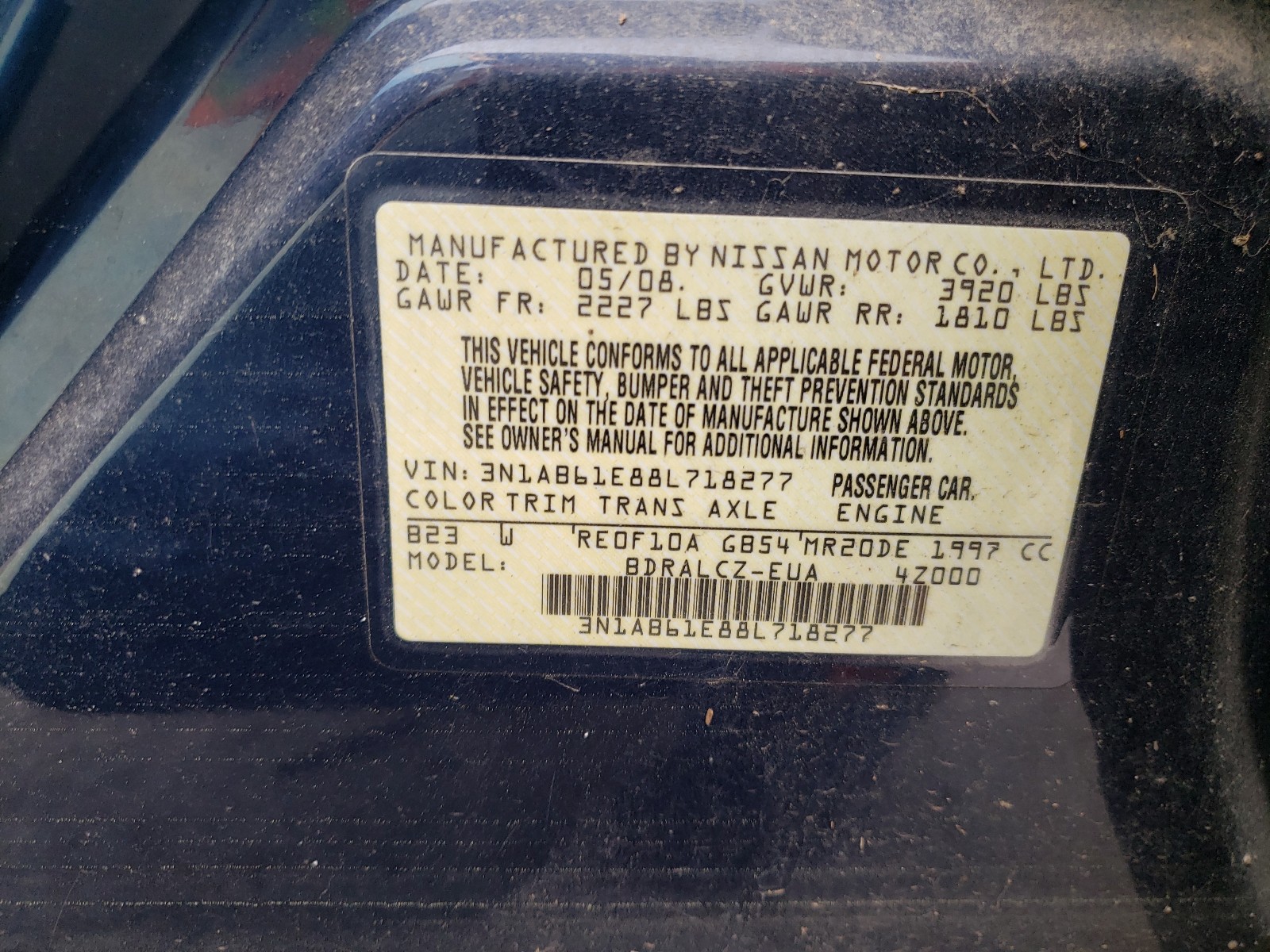 Photo 10 from auction – 2008 NISSAN SENTRA 2.0 with VIN 3N1AB61E88L718277