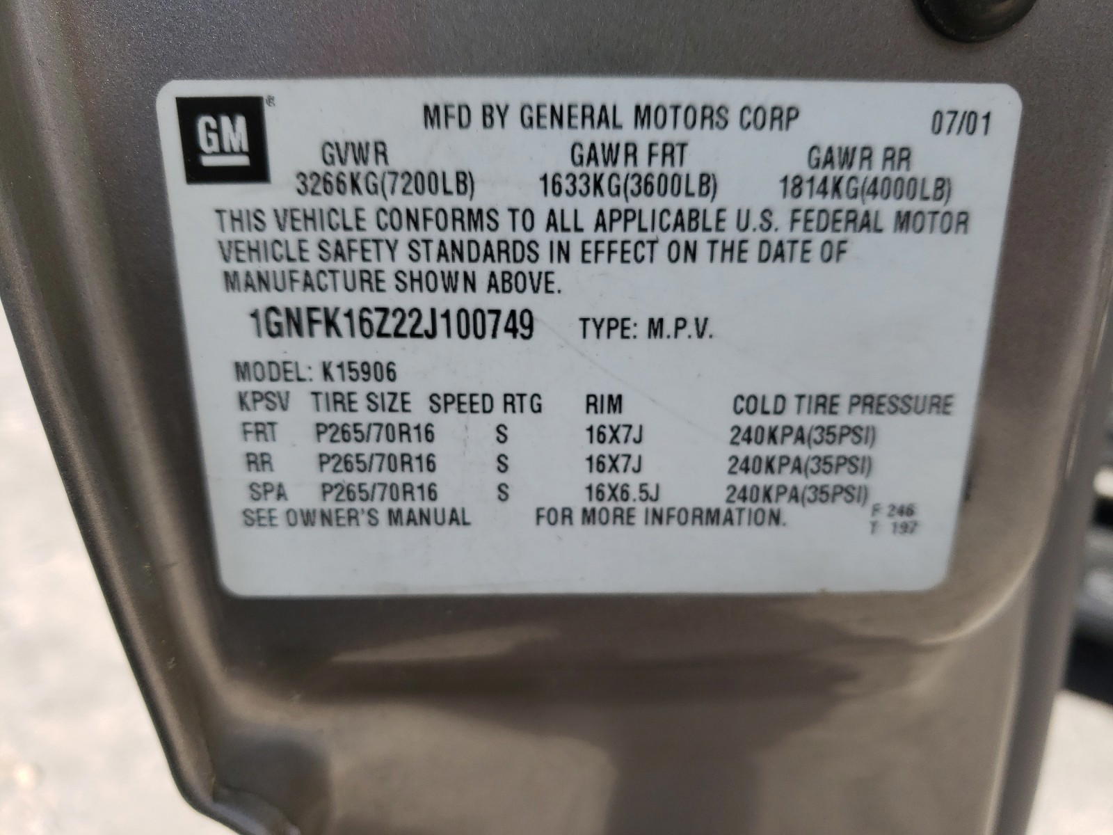 Photo 10 from auction – 2002 CHEVROLET SUBURBAN with VIN 1GNFK16Z22J100749