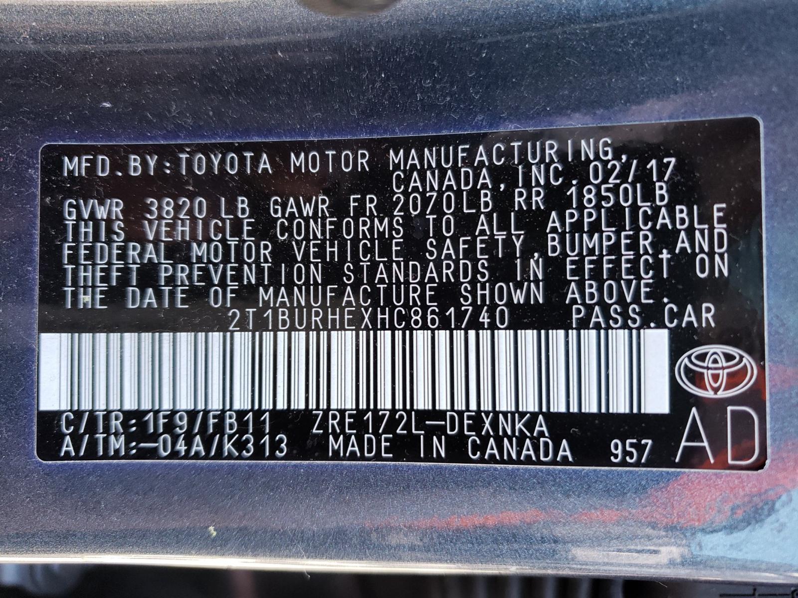 Photo 10 from auction – 2017 TOYOTA COROLLA L with VIN 2T1BURHEXHC861740