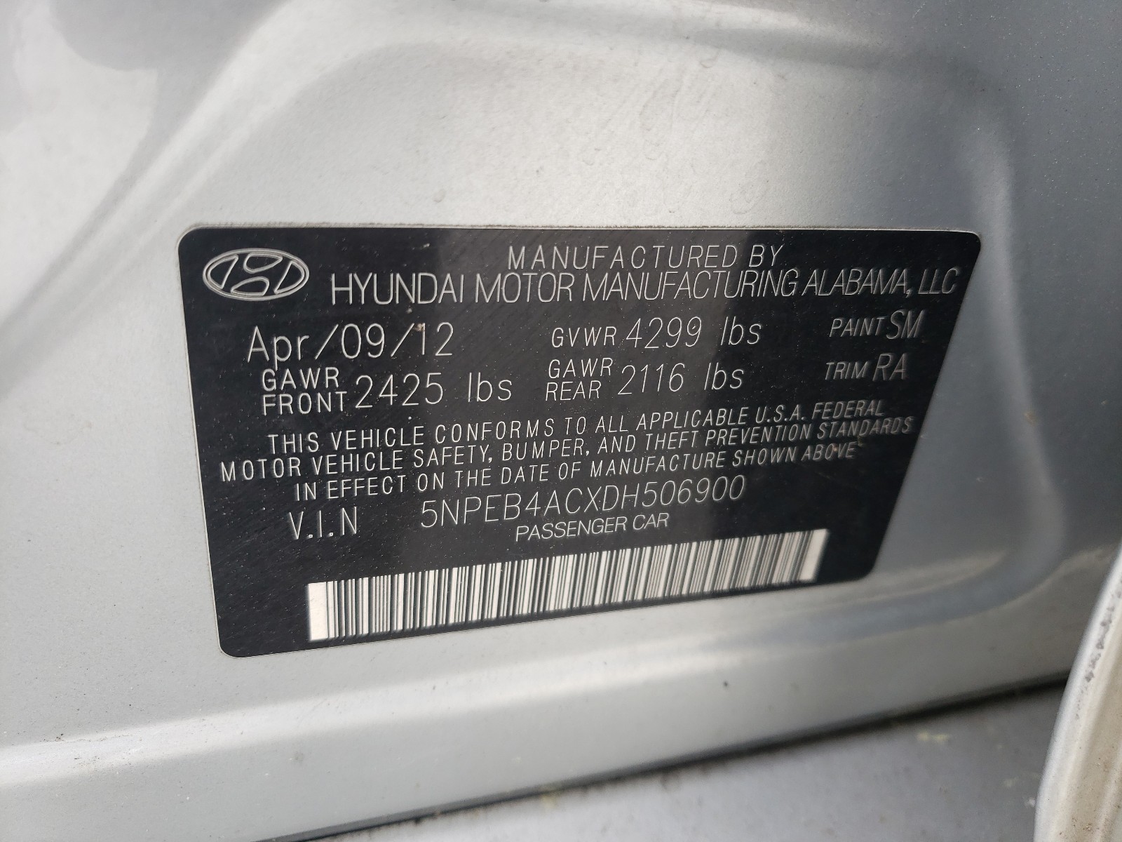 Photo 10 from auction – 2013 HYUNDAI SONATA GLS with VIN 5NPEB4ACXDH506900