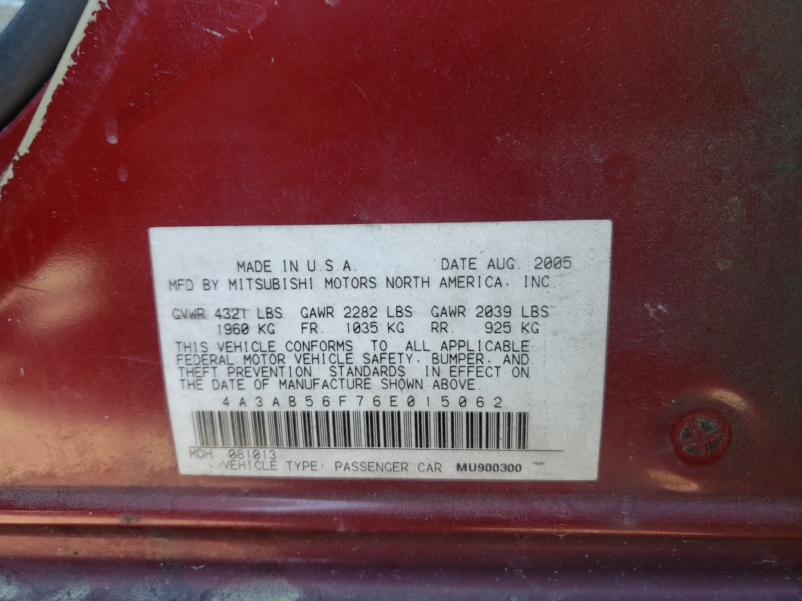 Photo 10 from auction – 2006 MITSUBISHI GALANT ES with VIN 4A3AB56F76E015062