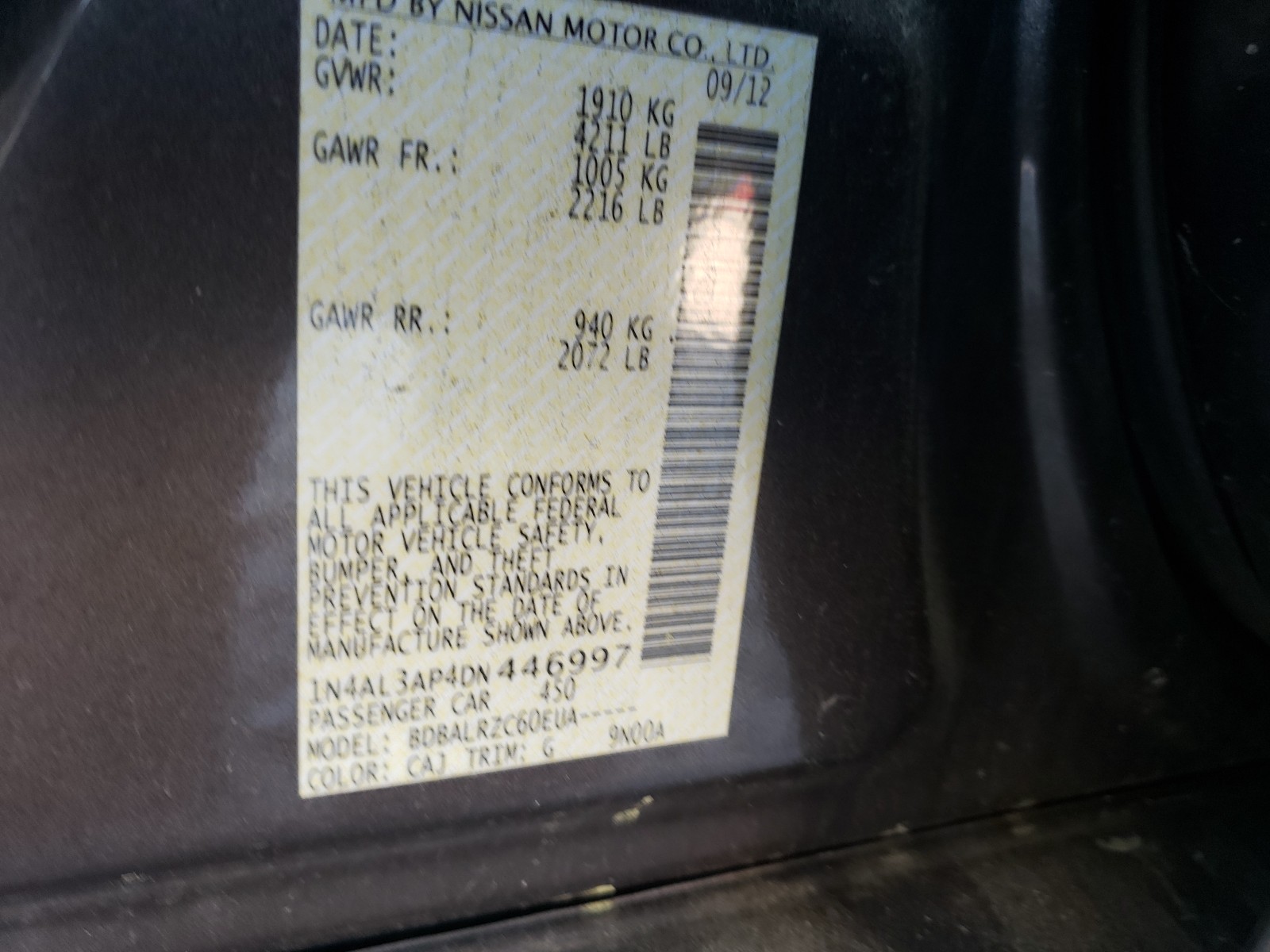 Photo 10 from auction – 2013 NISSAN ALTIMA 2.5 with VIN 1N4AL3AP4DN446997
