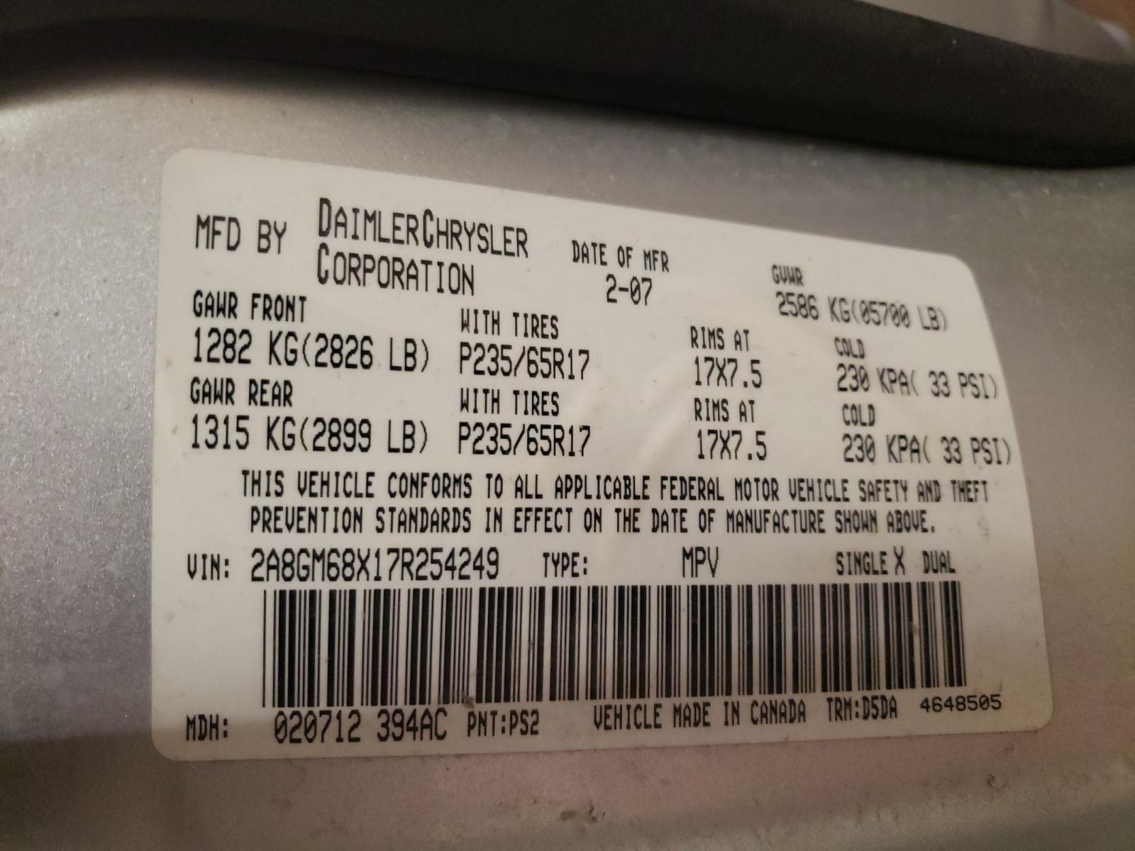 Photo 10 from auction – 2007 CHRYSLER PACIFICA T with VIN 2A8GM68X17R254249