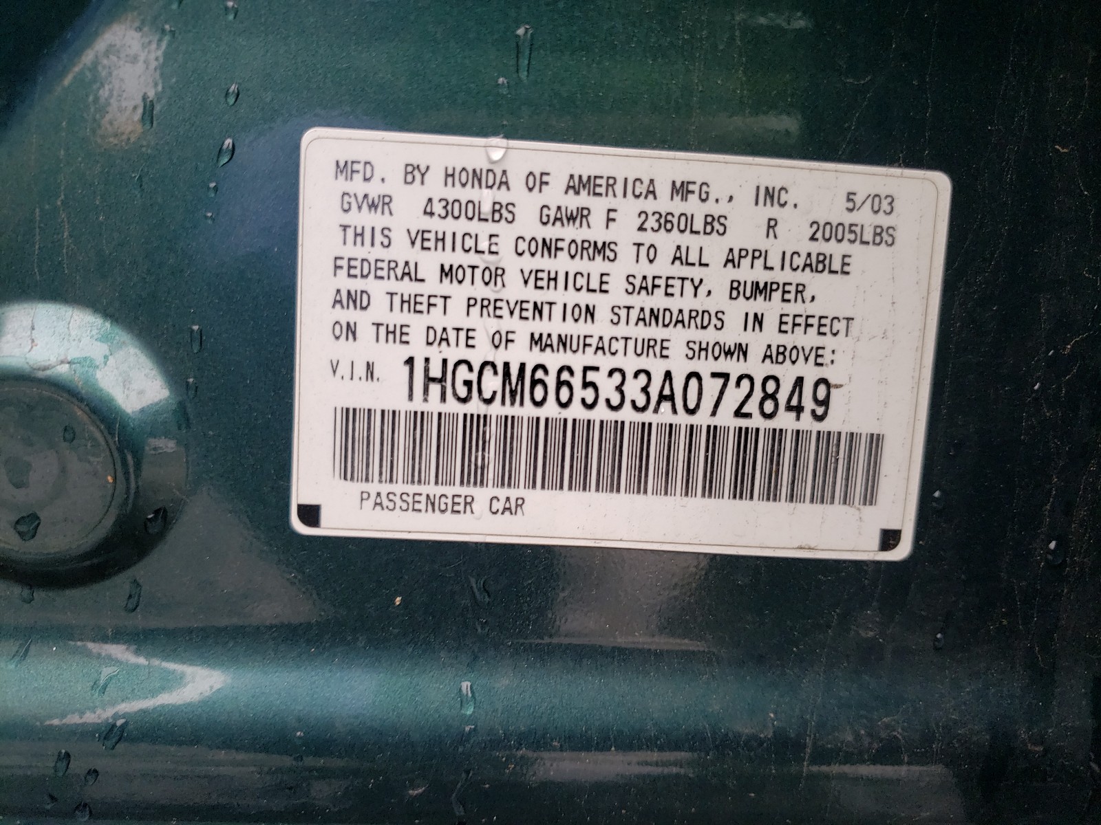 Photo 10 from auction – 2003 HONDA ACCORD EX with VIN 1HGCM66533A072849
