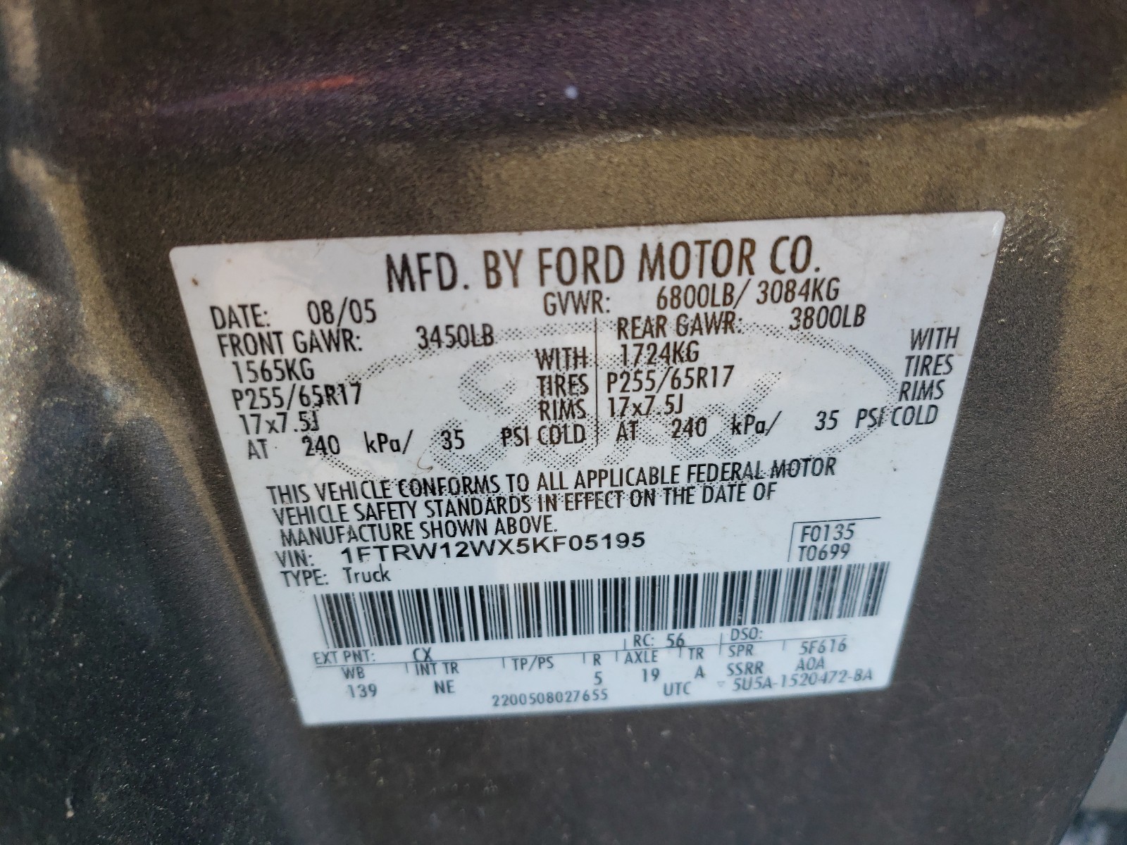 Photo 10 from auction – 2005 FORD F150 SUPER with VIN 1FTRW12WX5KF05195