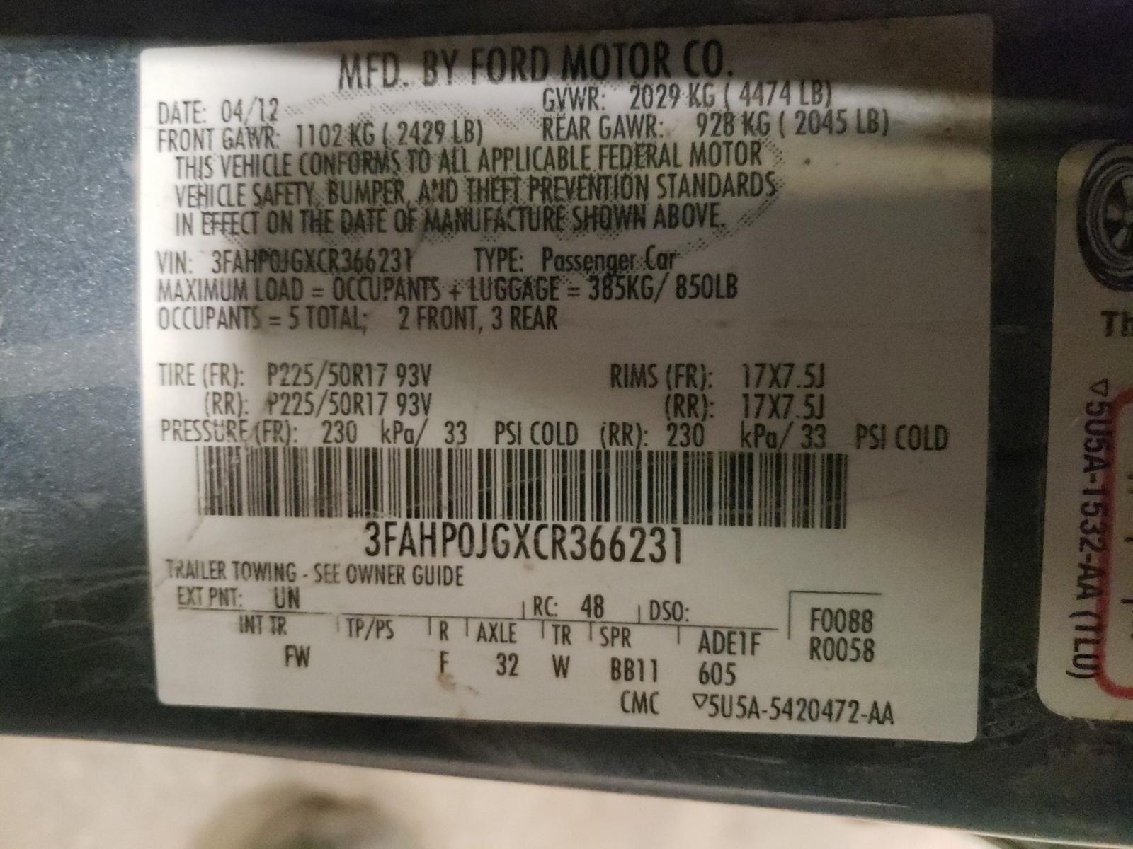 Photo 10 from auction – 2012 FORD FUSION with VIN 3FAHP0JGXCR366231