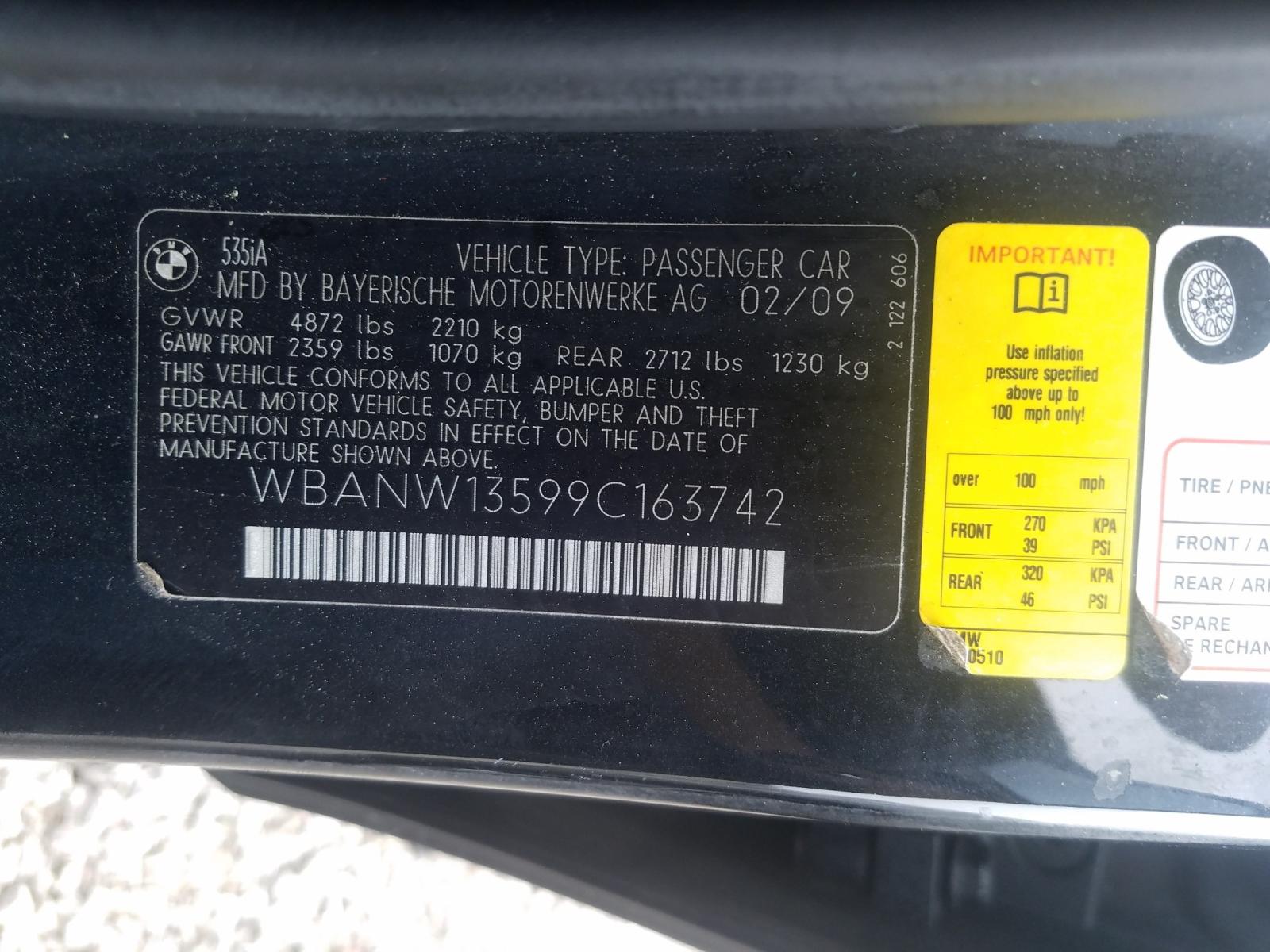 Photo 10 from auction – 2009 BMW 535 I with VIN WBANW13599C163742