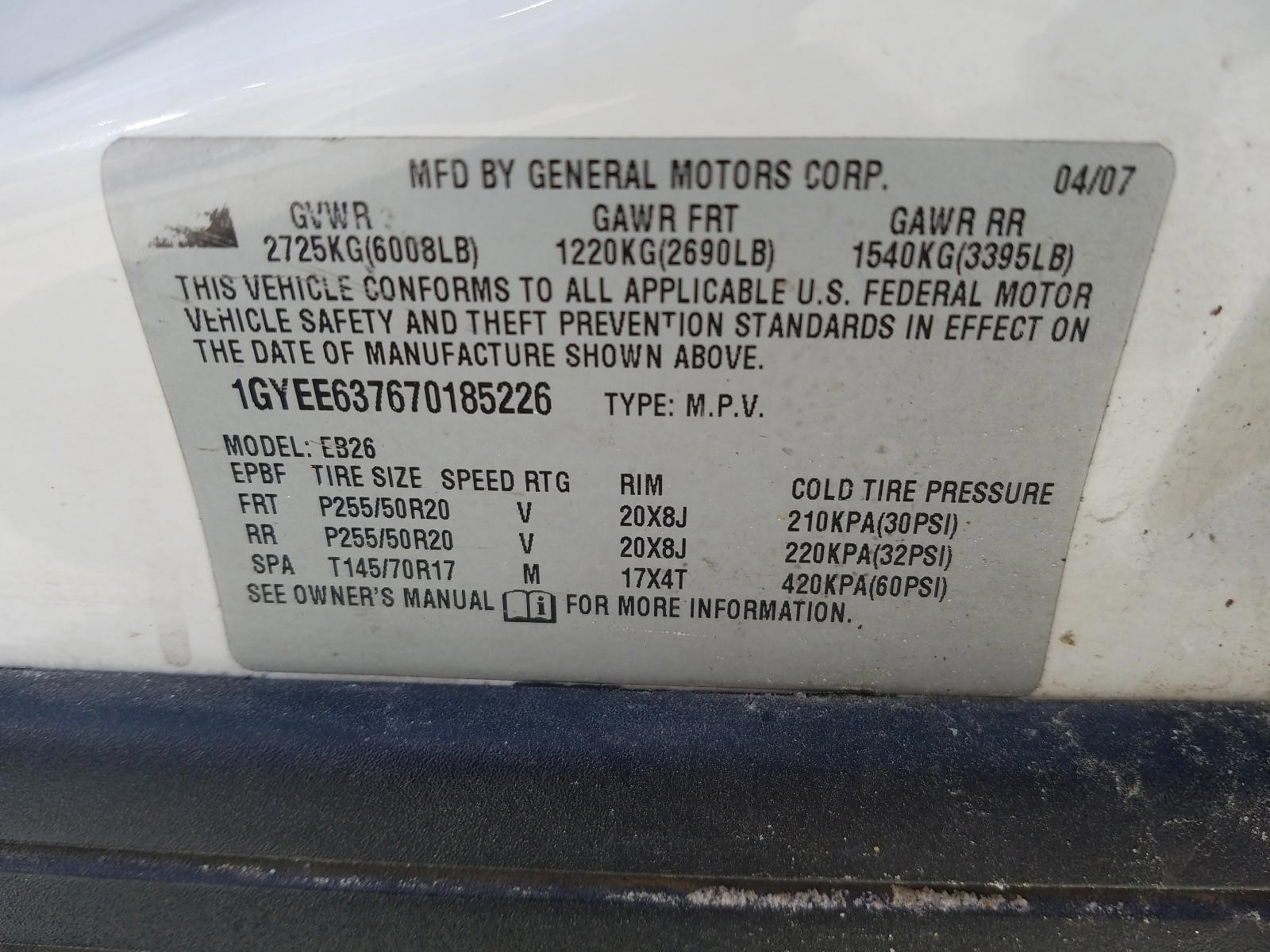 Photo 10 from auction – 2007 CADILLAC SRX with VIN 1GYEE637670185226