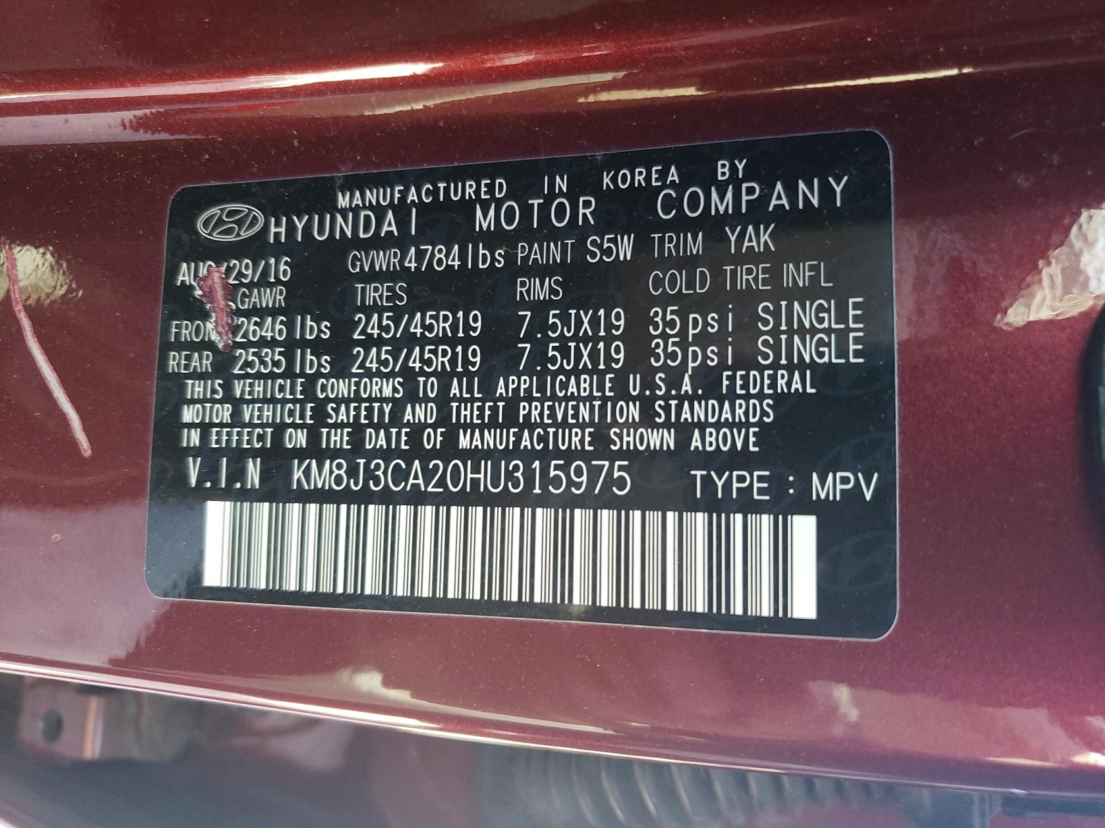 Photo 10 from auction – 2017 HYUNDAI TUCSON LIM with VIN KM8J3CA20HU315975