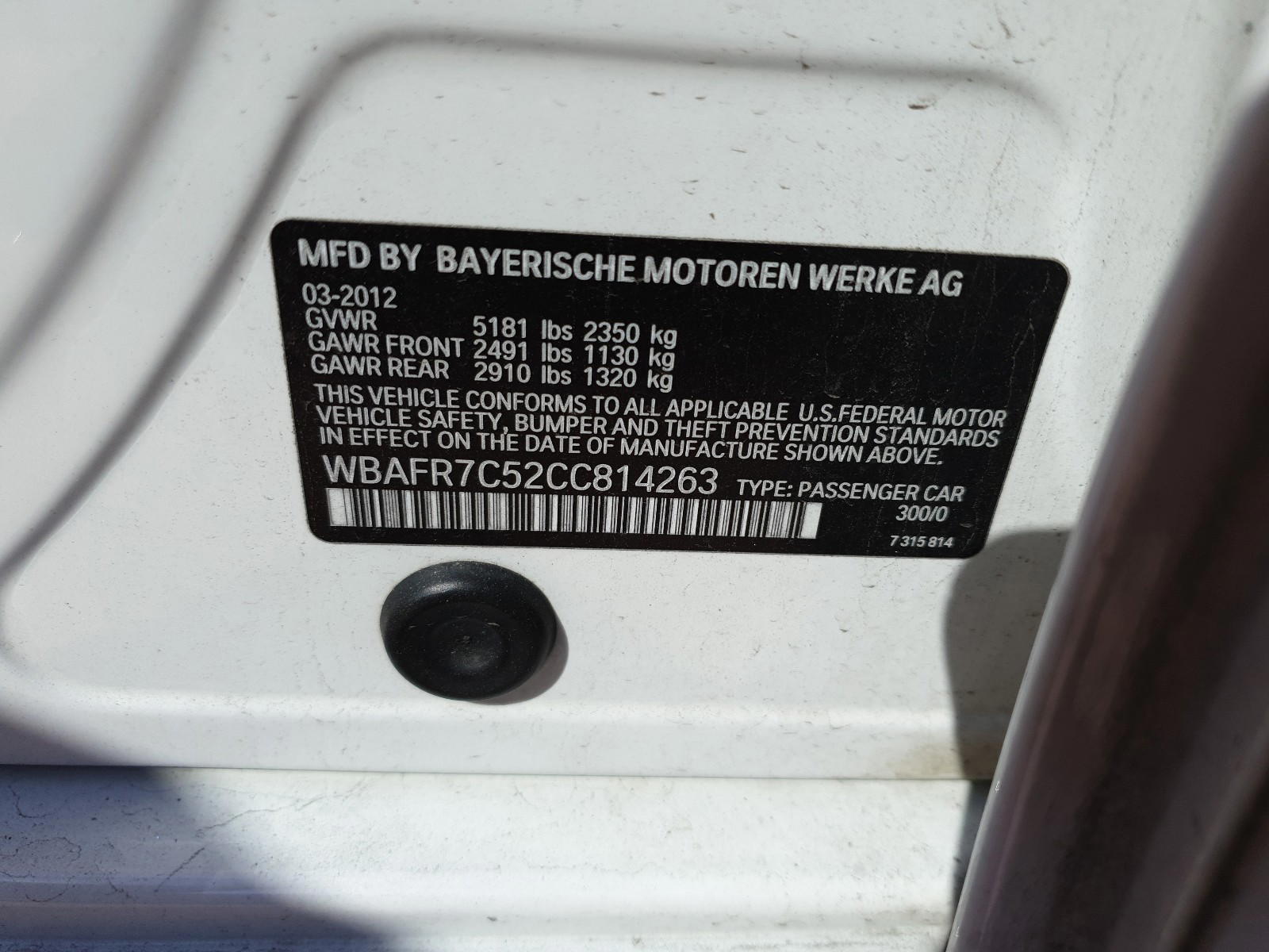 Photo 10 from auction – 2012 BMW 535 I with VIN WBAFR7C52CC814263