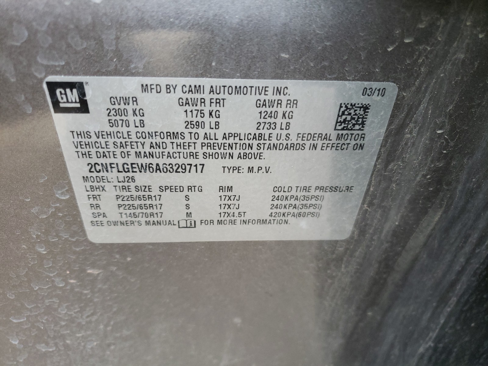 Photo 10 from auction – 2010 CHEVROLET EQUINOX LT with VIN 2CNFLGEW6A6329717