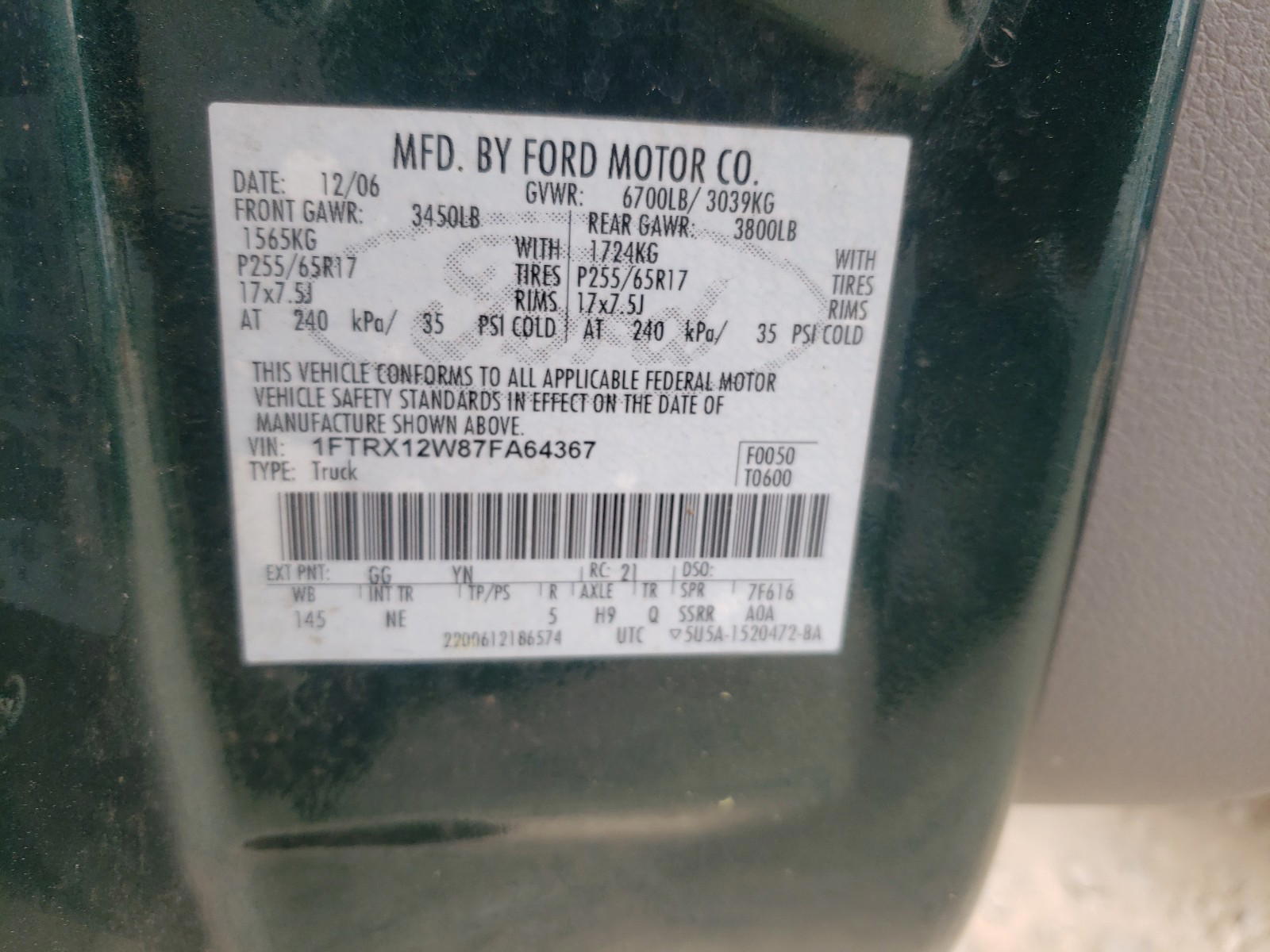 Photo 10 from auction – 2007 FORD F150 with VIN 1FTRX12W87FA64367