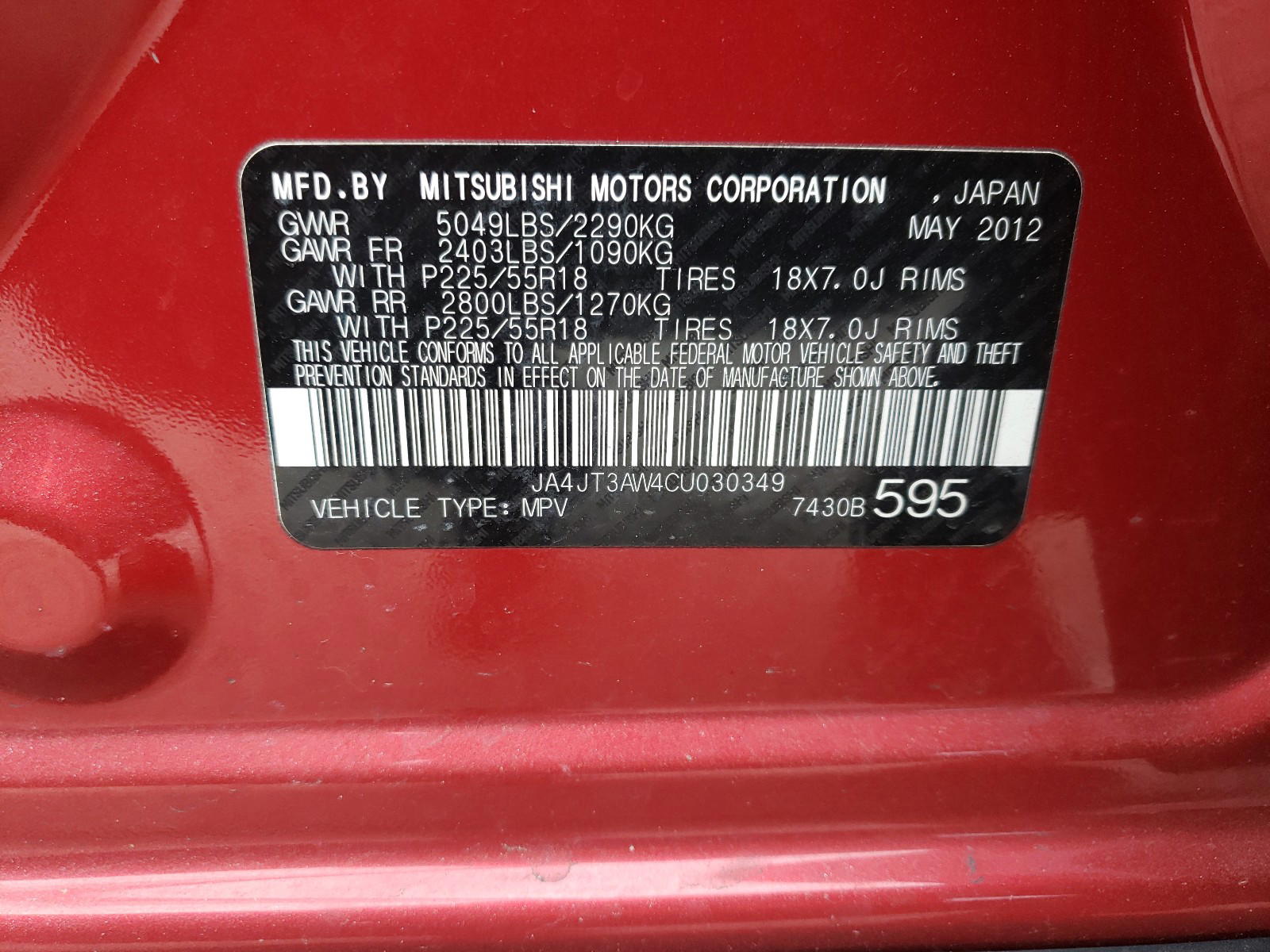 Photo 10 from auction – 2012 MITSUBISHI OUTLANDER with VIN JA4JT3AW4CU030349