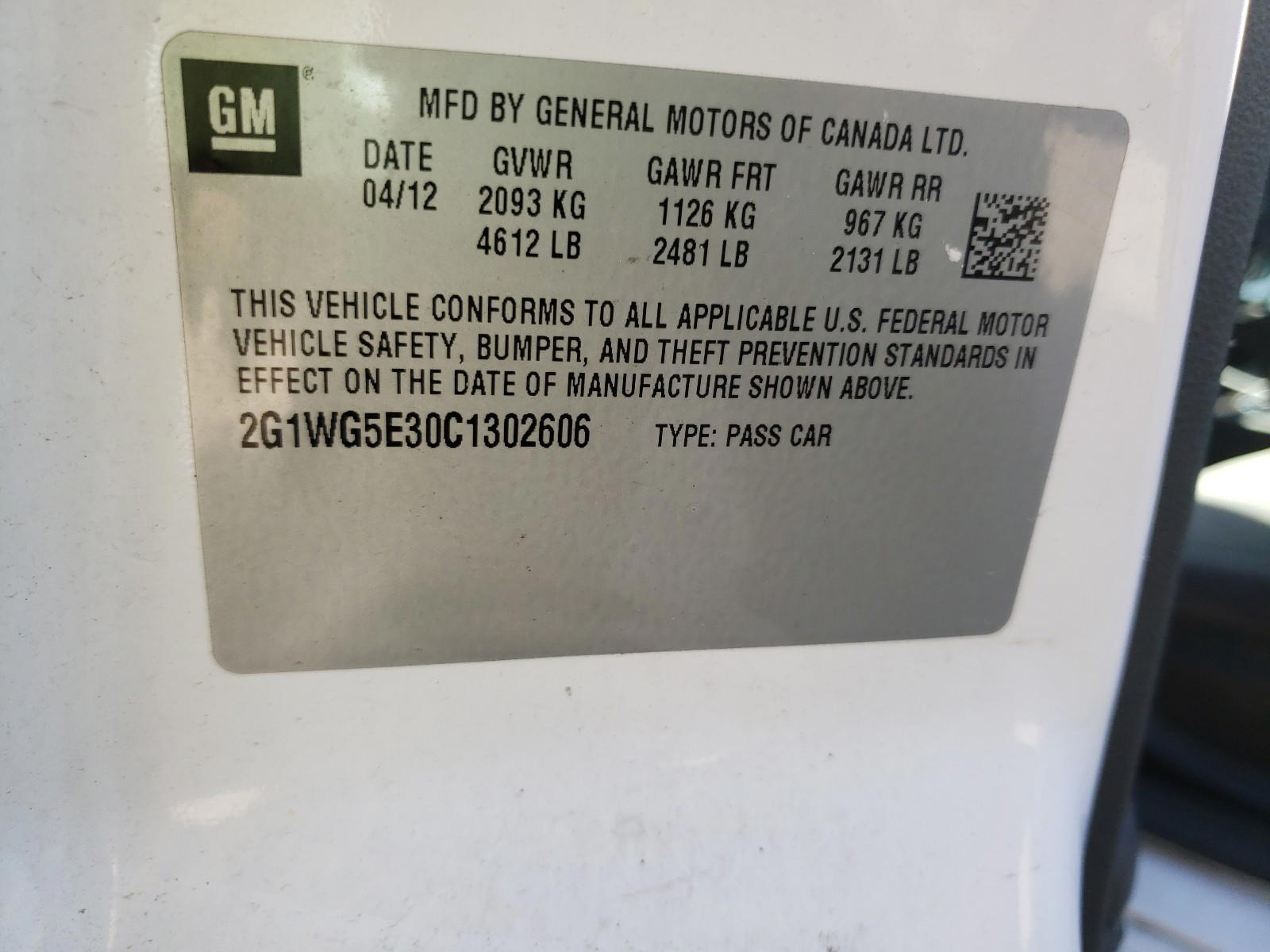 Photo 10 from auction – 2012 CHEVROLET IMPALA LT with VIN 2G1WG5E30C1302606
