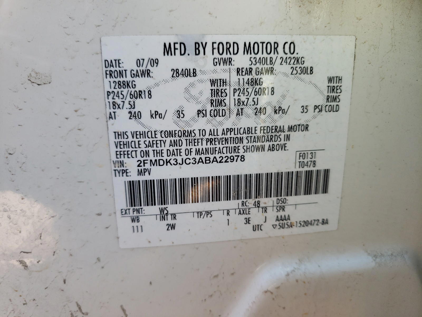 Photo 10 from auction – 2010 FORD EDGE SEL with VIN 2FMDK3JC3ABA22978