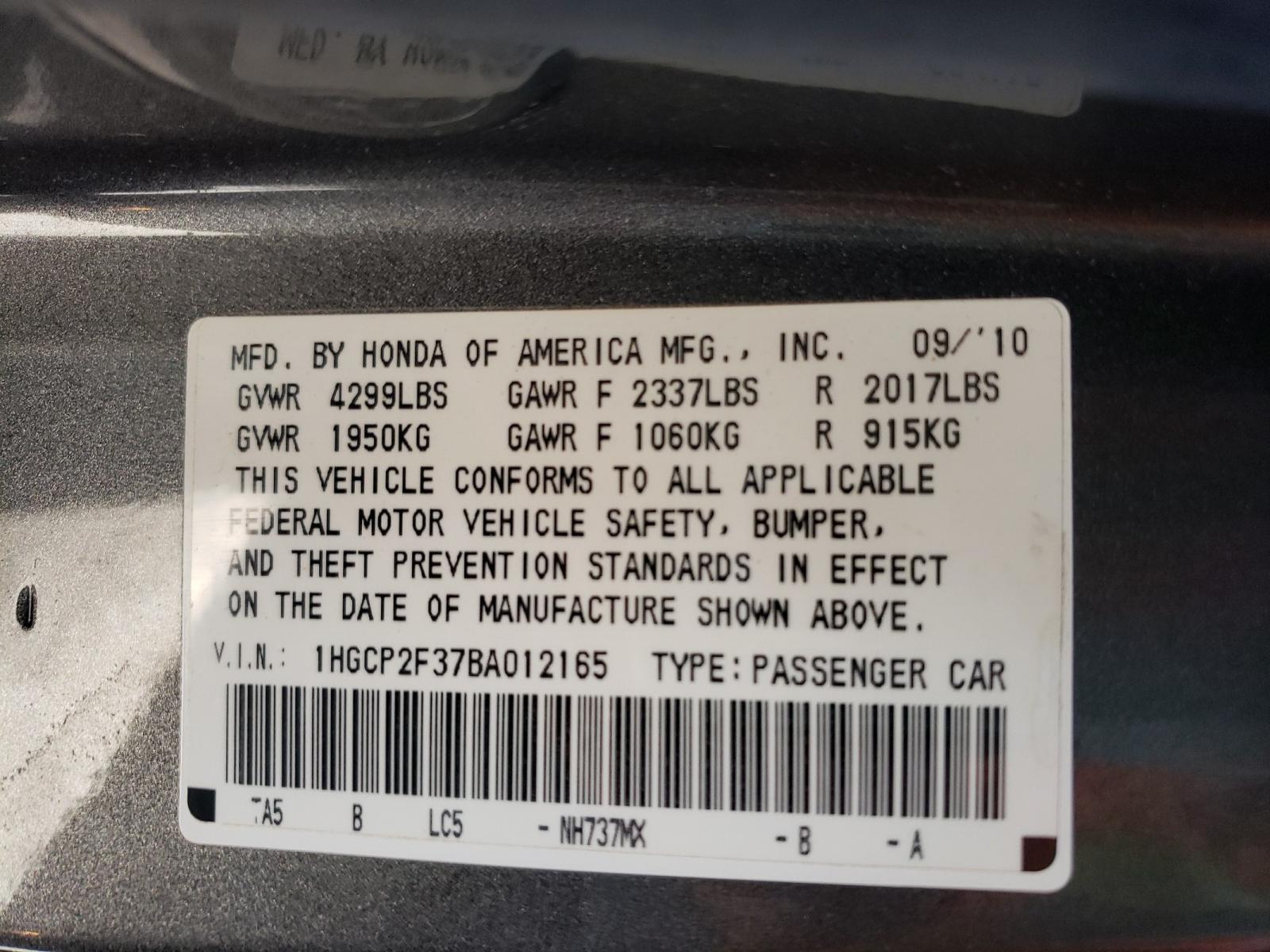 Photo 10 from auction – 2011 HONDA ACCORD LX with VIN 1HGCP2F37BA012165