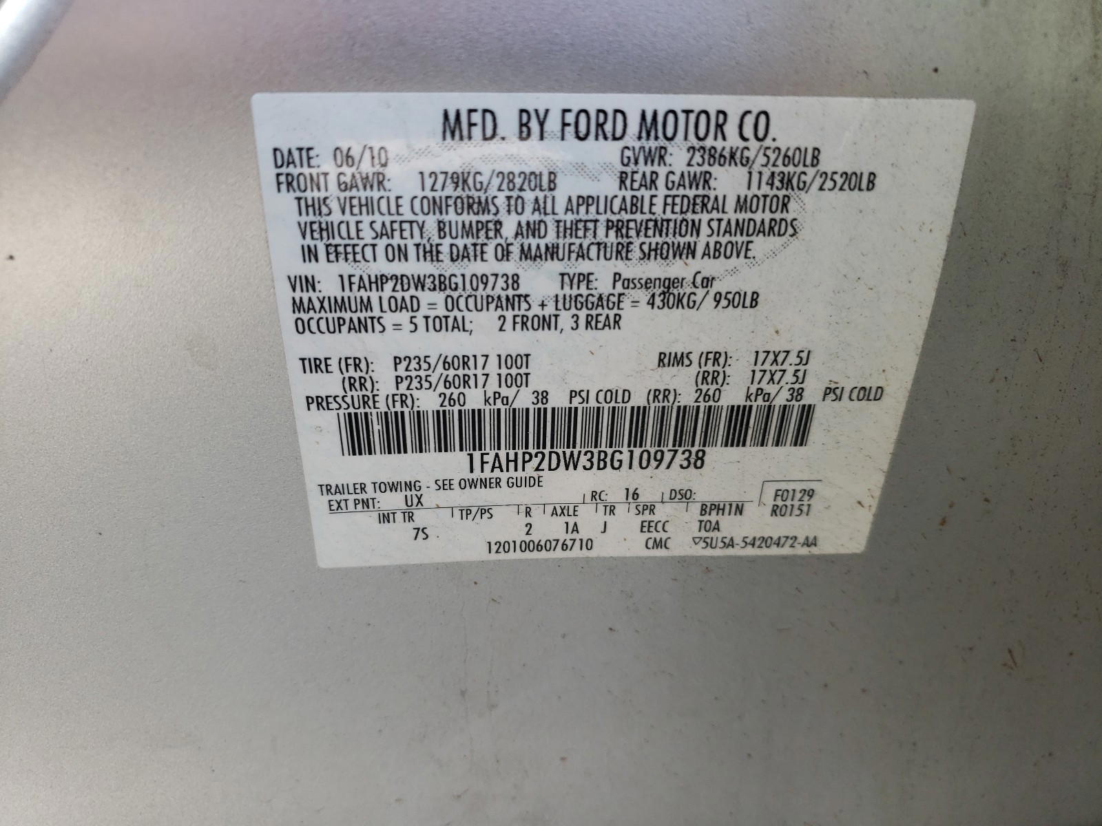 Photo 10 from auction – 2011 FORD TAURUS SE with VIN 1FAHP2DW3BG109738