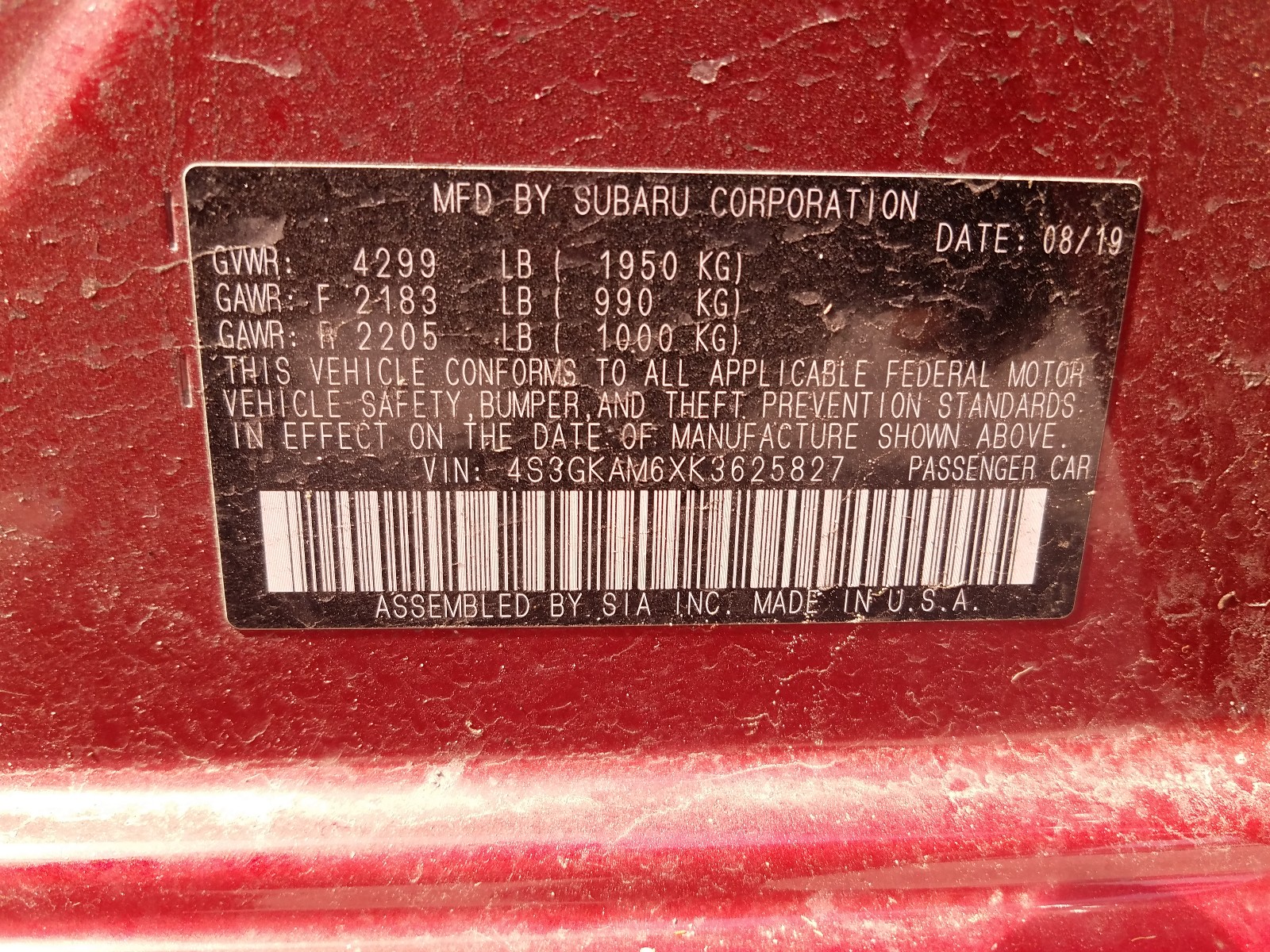 Photo 10 from auction – 2019 SUBARU IMPREZA SP with VIN 4S3GKAM6XK3625827